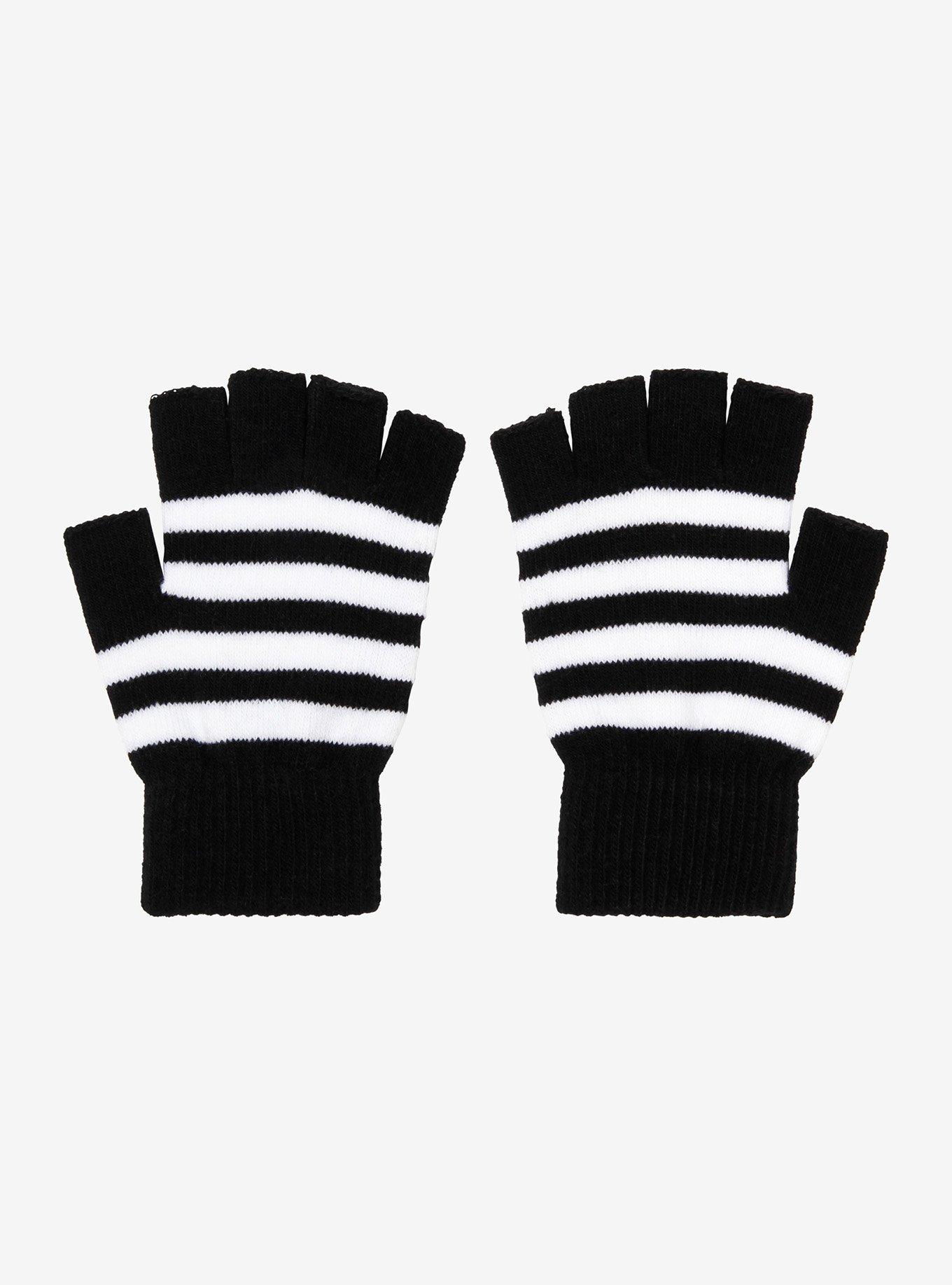 Black & White Stripe Fingerless Gloves, , alternate