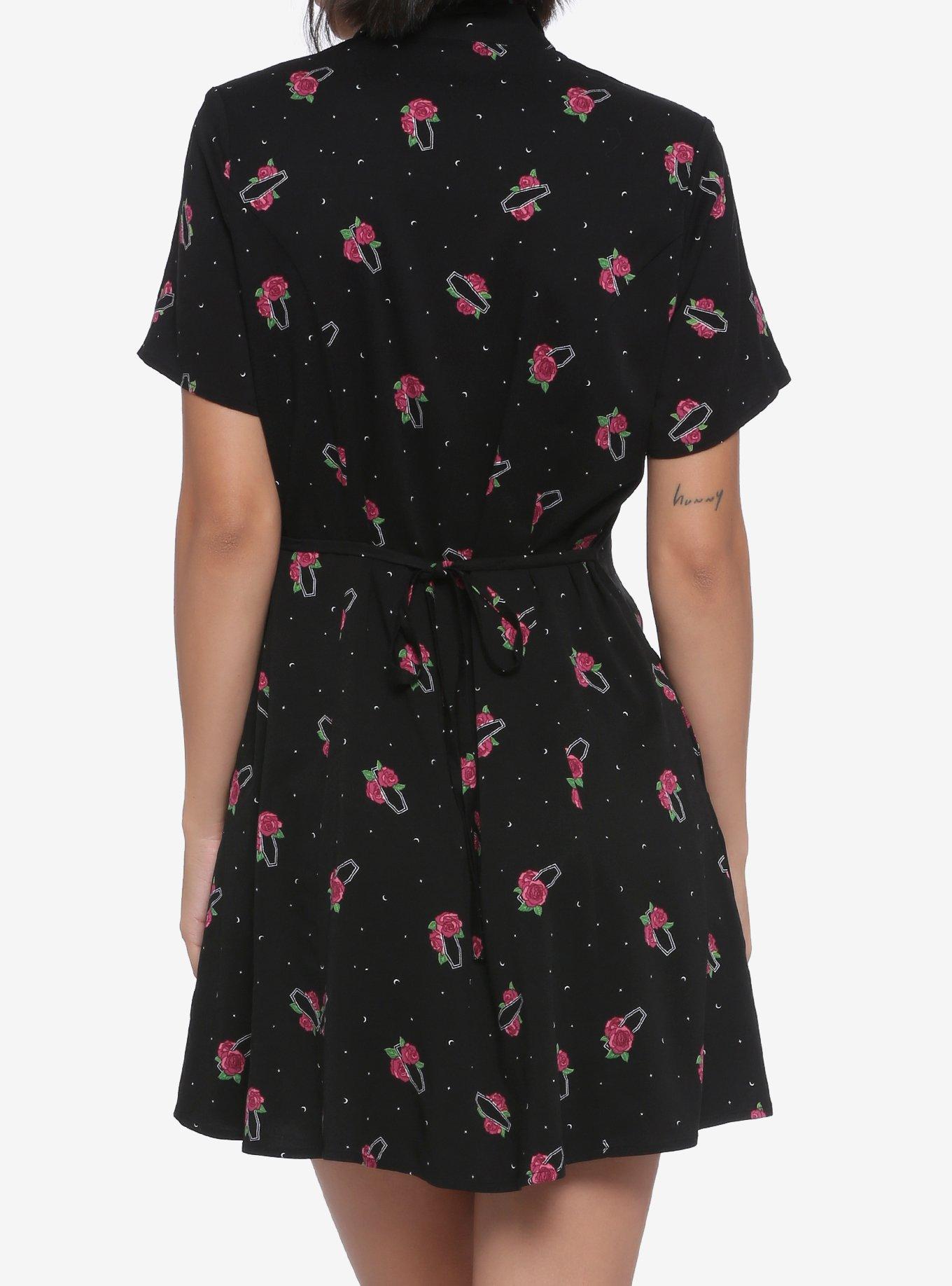 Pink Rose & Coffins Button-Front Dress, BLACK, alternate