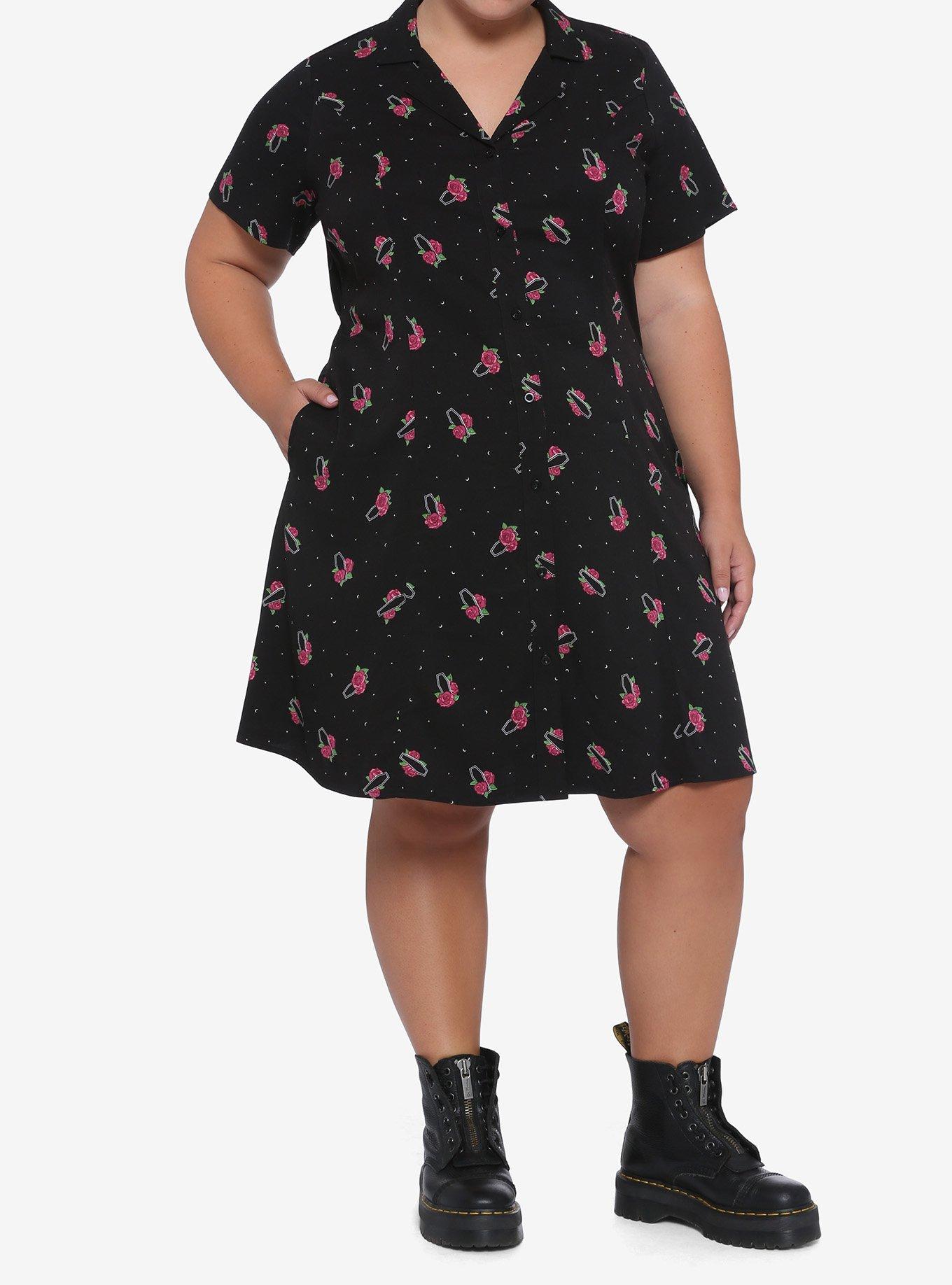 Pink Rose & Coffins Button-Front Dress Plus Size, BLACK, alternate