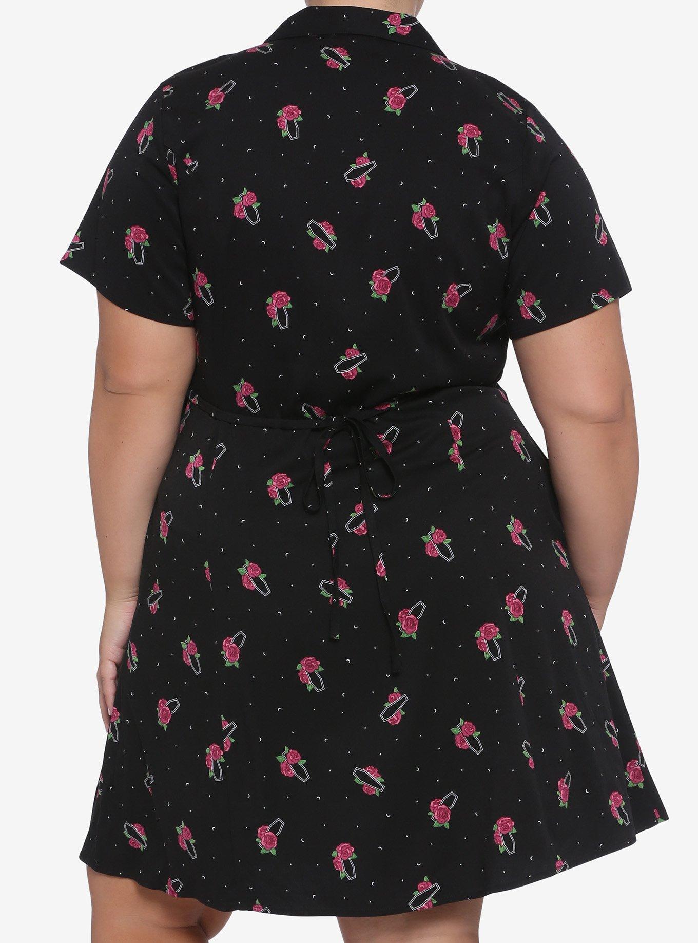 Pink Rose & Coffins Button-Front Dress Plus Size, BLACK, alternate