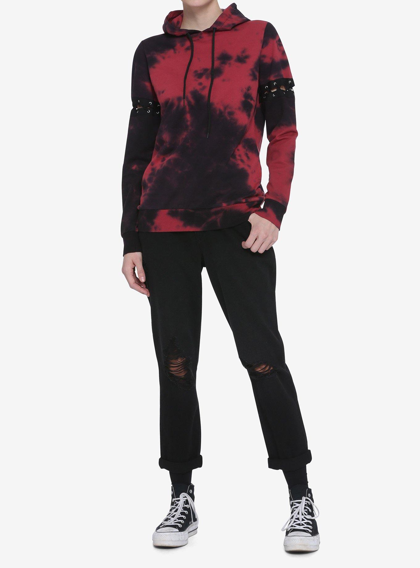 Red & Black Lace-Up Sleeves Tie-Dye Girls Hoodie, TIE DYE, alternate