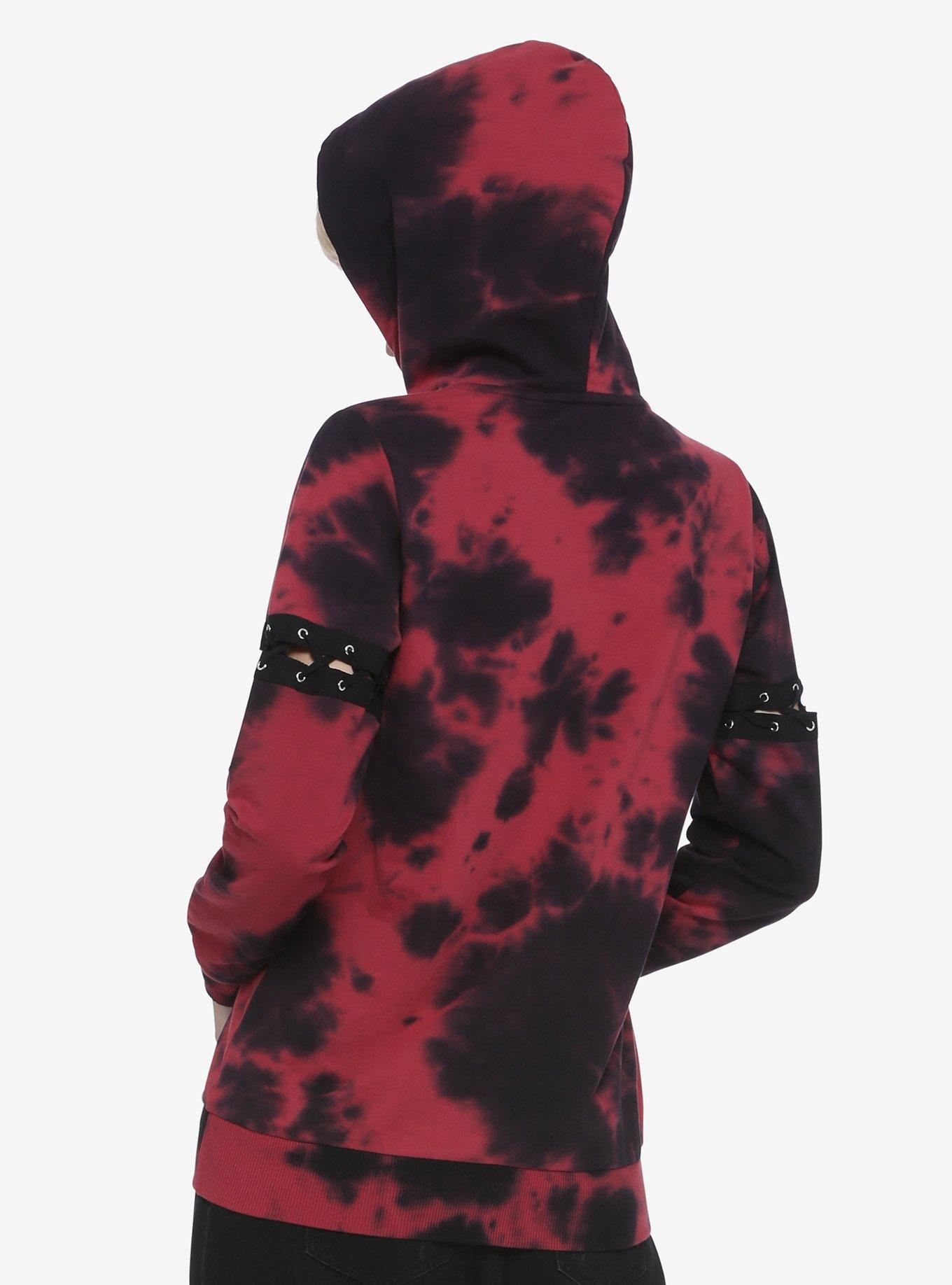 Red & Black Lace-Up Sleeves Tie-Dye Girls Hoodie, TIE DYE, alternate