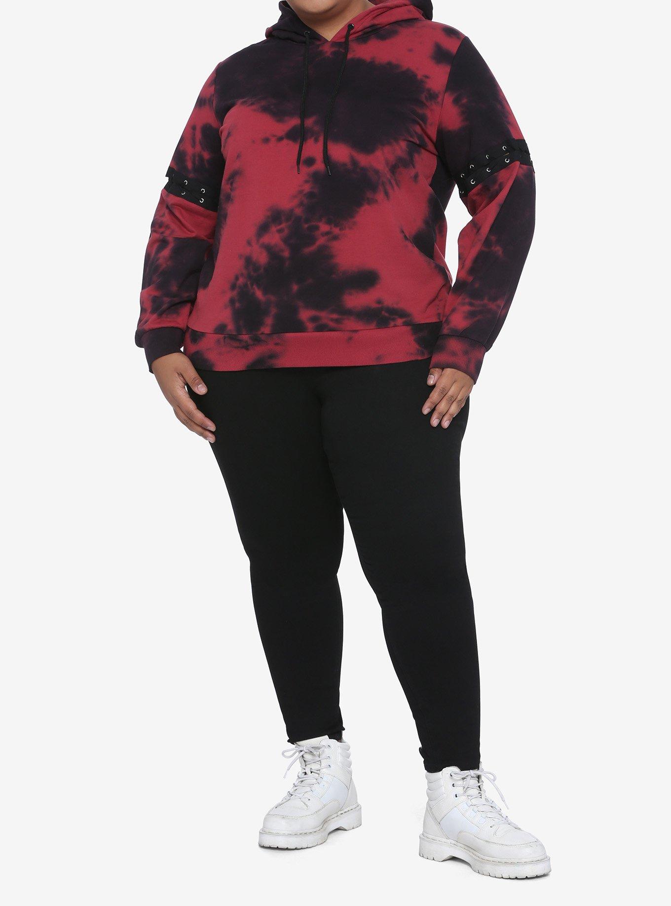 Red & Black Lace-Up Sleeves Tie-Dye Girls Hoodie Plus Size, TIE DYE, alternate