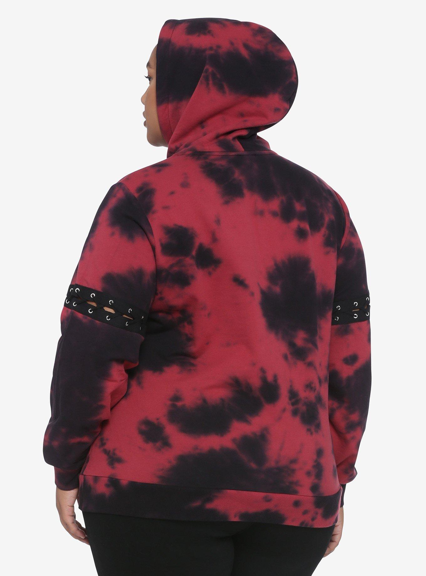 Red & Black Lace-Up Sleeves Tie-Dye Girls Hoodie Plus Size, TIE DYE, alternate