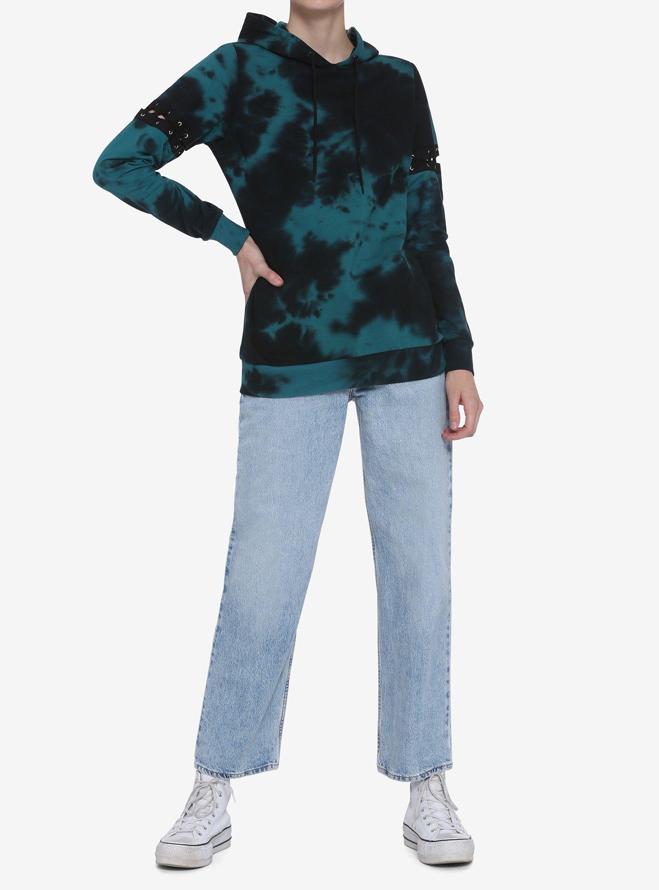 Teal & Black Lace-Up Sleeves Tie-Dye Girls Hoodie, TIE DYE - BLYE, alternate