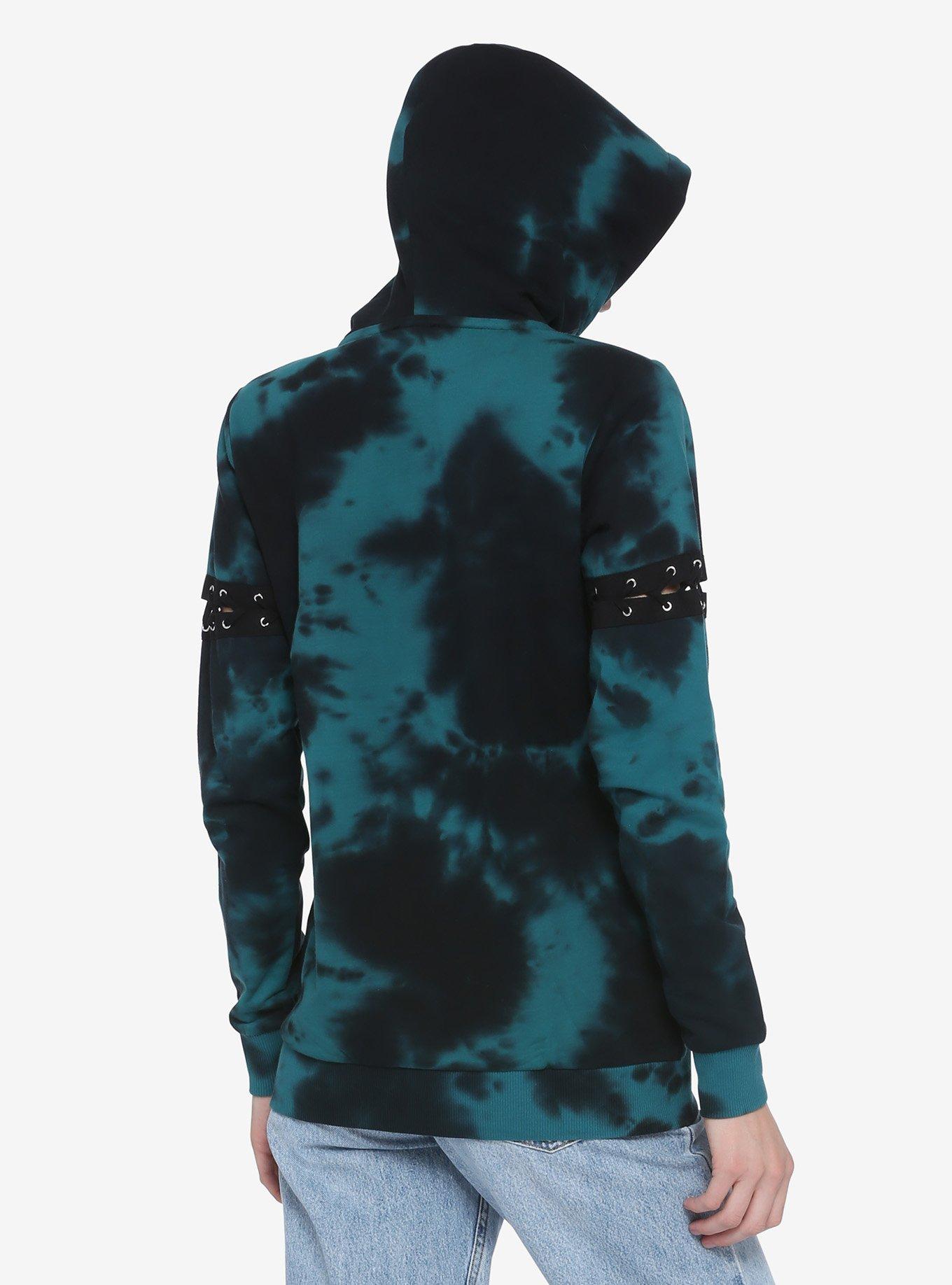 Teal & Black Lace-Up Sleeves Tie-Dye Girls Hoodie, TIE DYE - BLYE, alternate