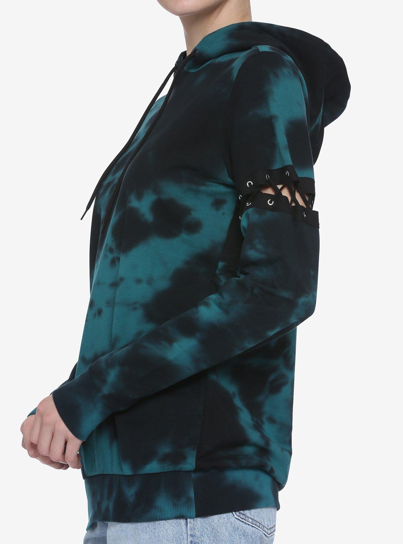 Teal & Black Lace-Up Sleeves Tie-Dye Girls Hoodie, TIE DYE - BLYE, alternate