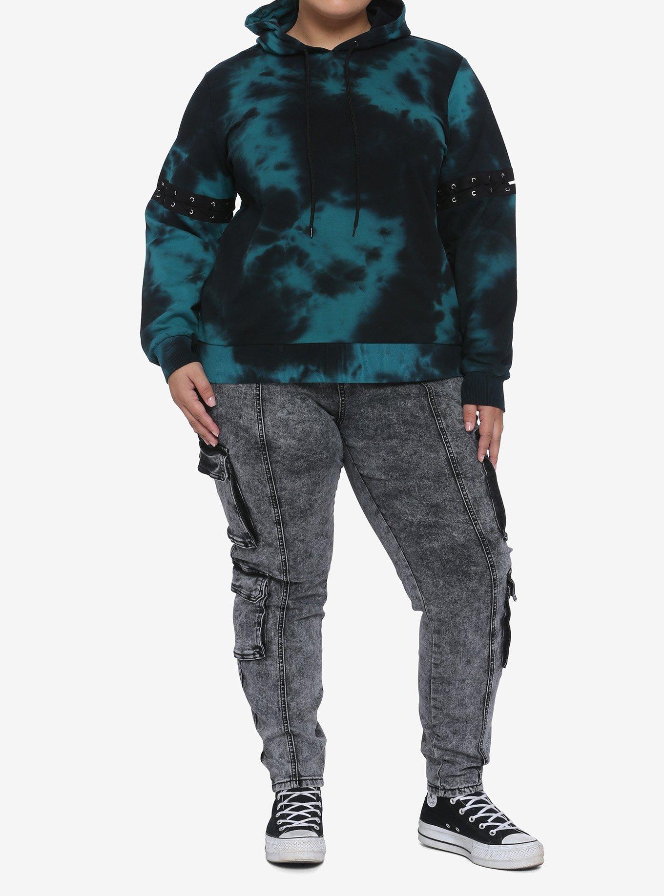 Teal & Black Lace-Up Sleeves Tie-Dye Girls Hoodie Plus Size, MULTI, alternate