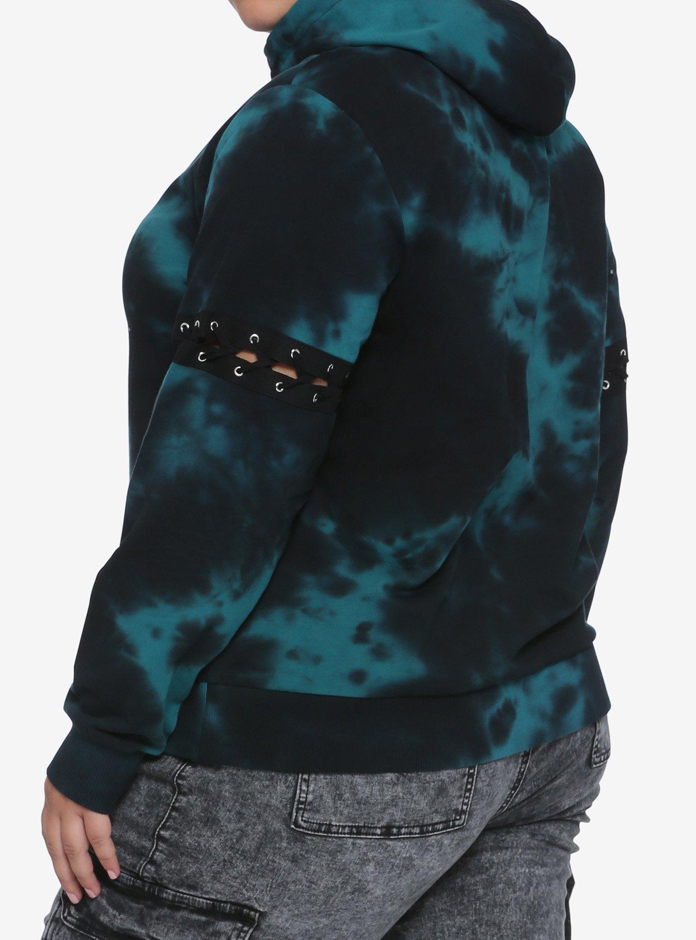 Teal & Black Lace-Up Sleeves Tie-Dye Girls Hoodie Plus Size, MULTI, alternate