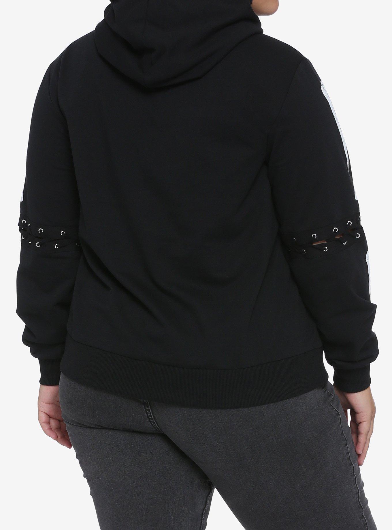 Skeleton Lace-Up Sleeve Girls Hoodie Plus Size, BLACK, alternate