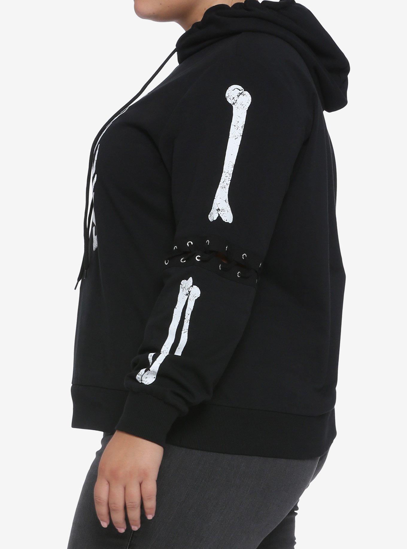 Skeleton Lace-Up Sleeve Girls Hoodie Plus Size, BLACK, alternate