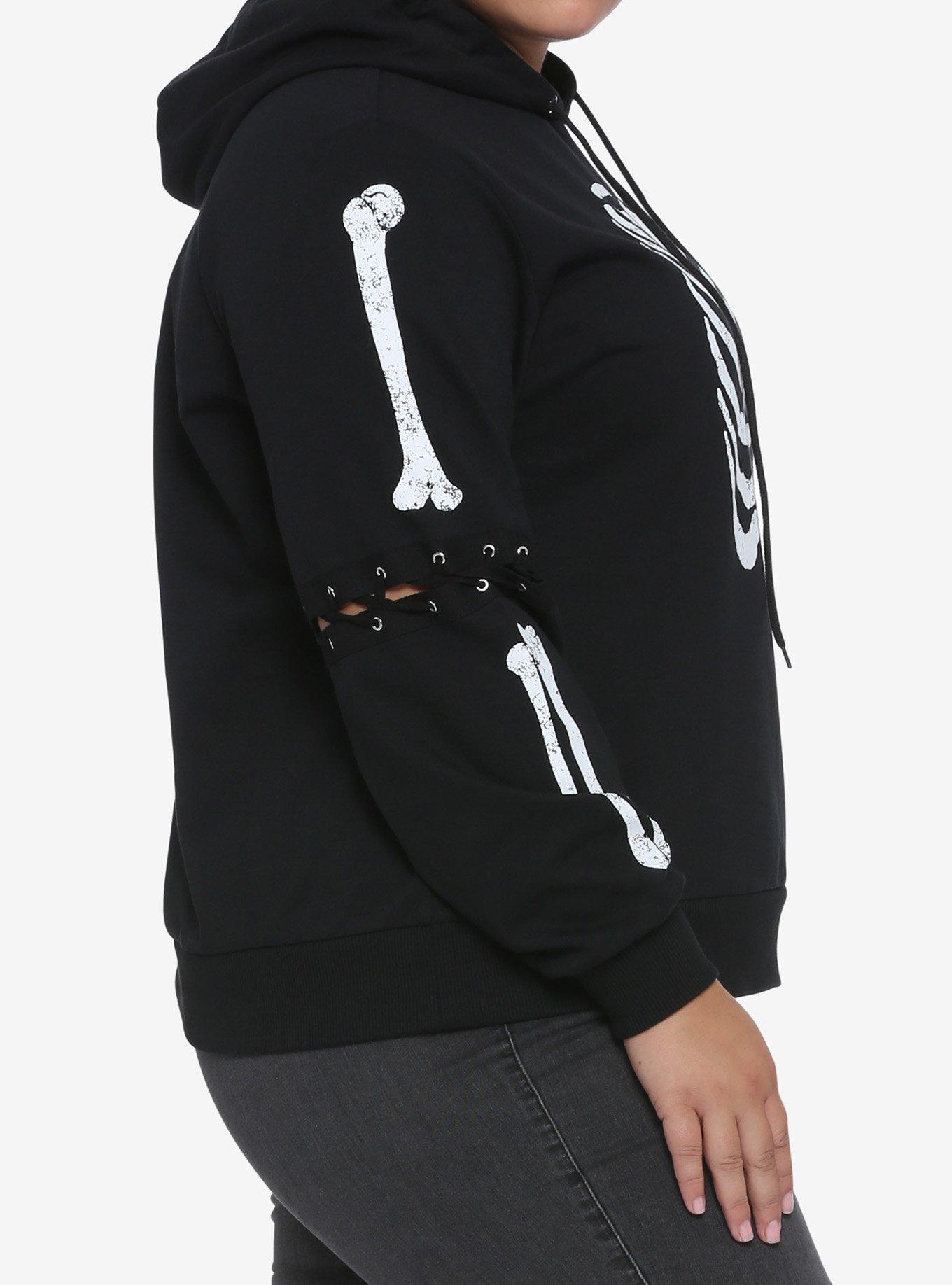 Skeleton Lace-Up Sleeve Girls Hoodie Plus Size, BLACK, alternate