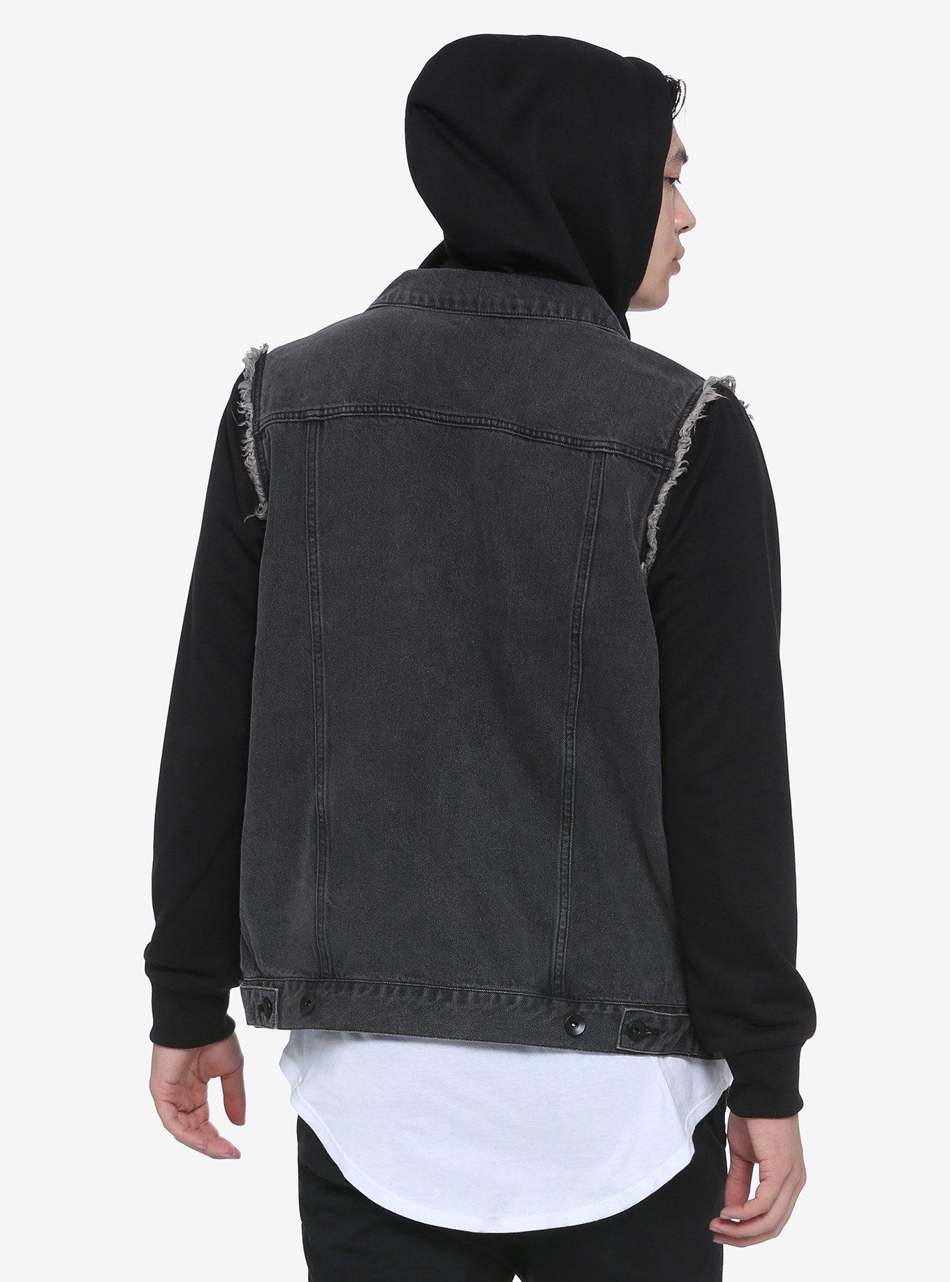 Black Removable Hood & Sleeves Denim Jacket, BLACK, alternate