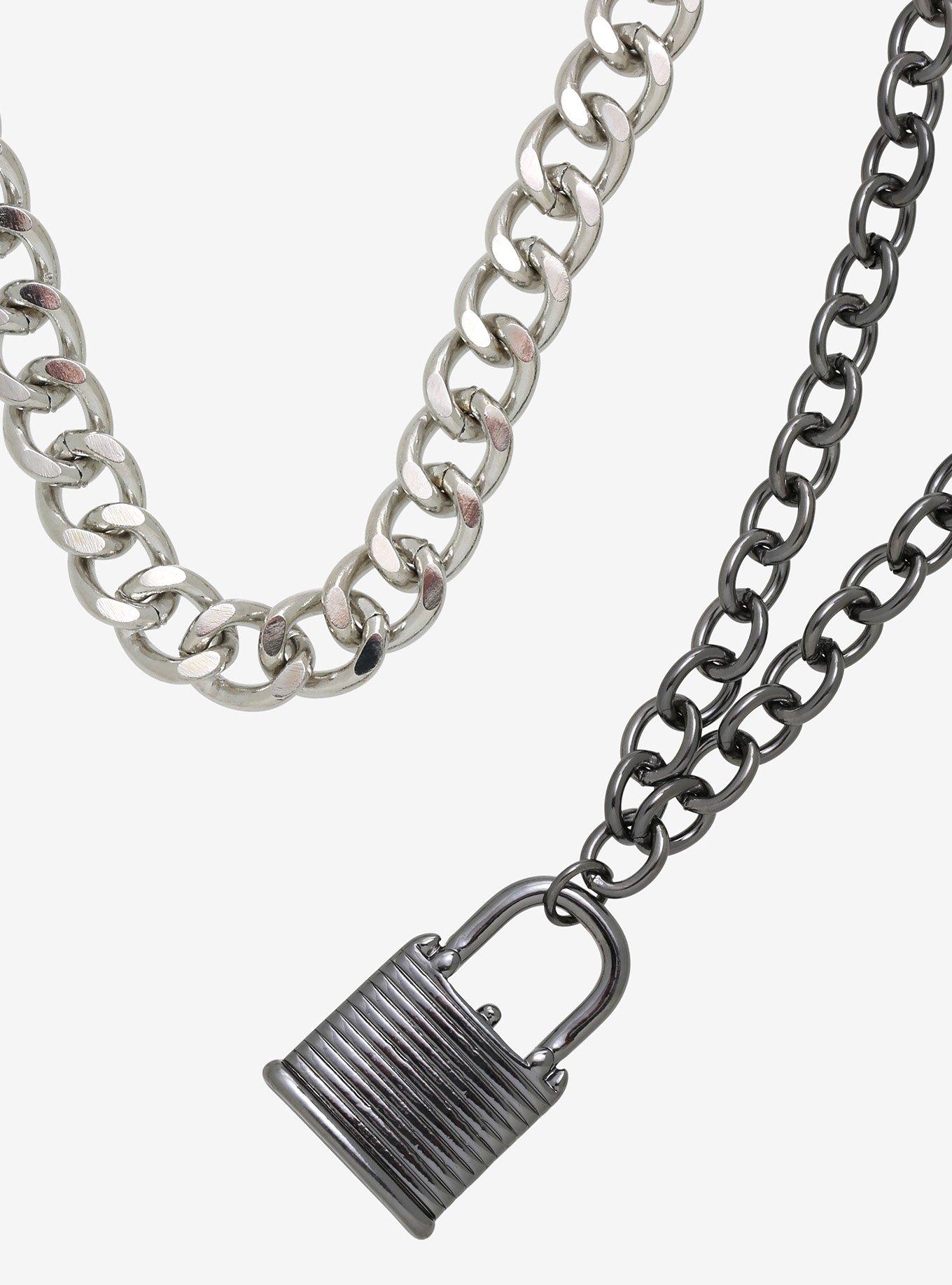 Silver & Gunmetal Padlock Chain Necklace Set, , alternate