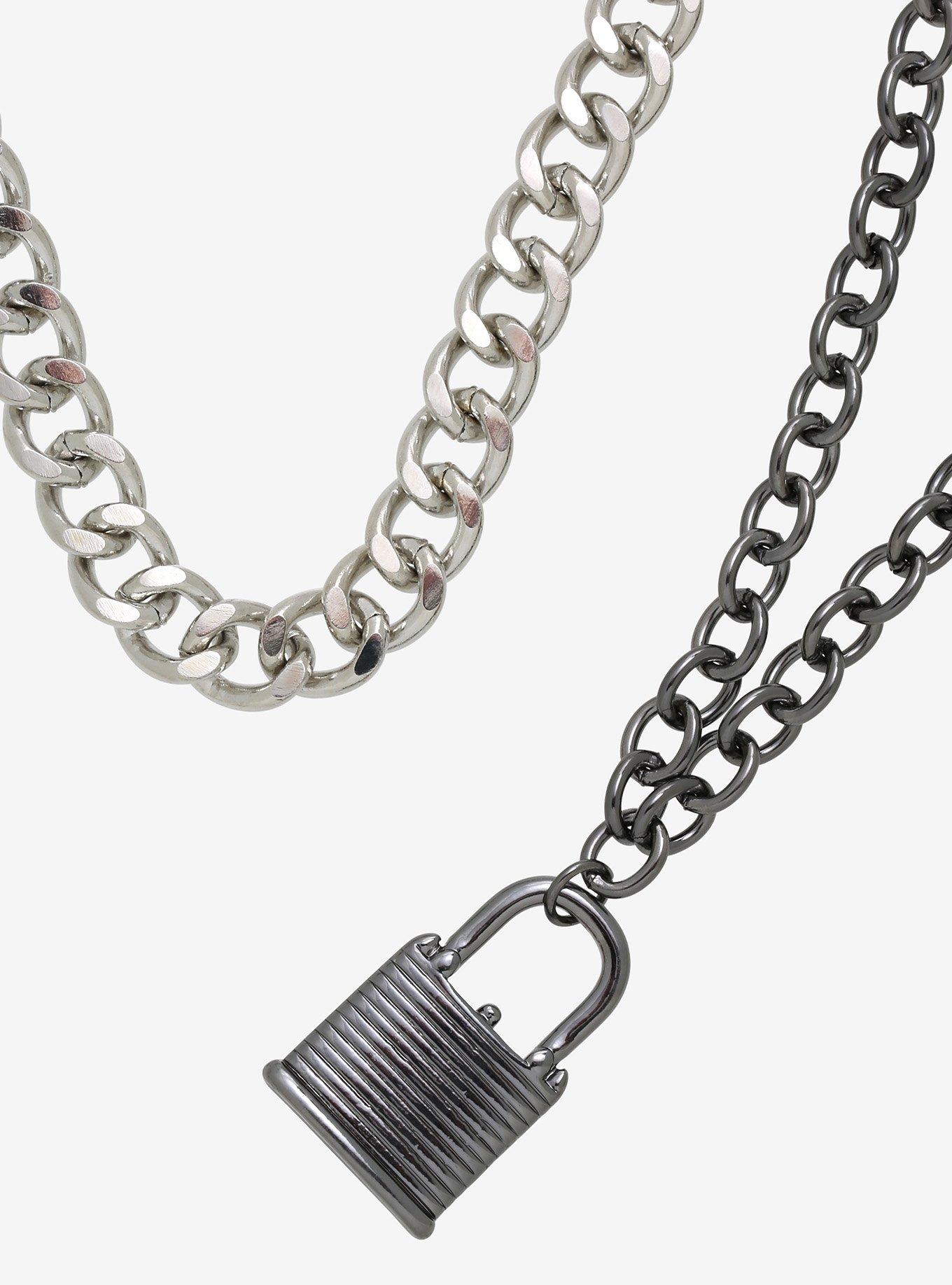Silver & Gunmetal Padlock Chain Necklace Set | Hot Topic