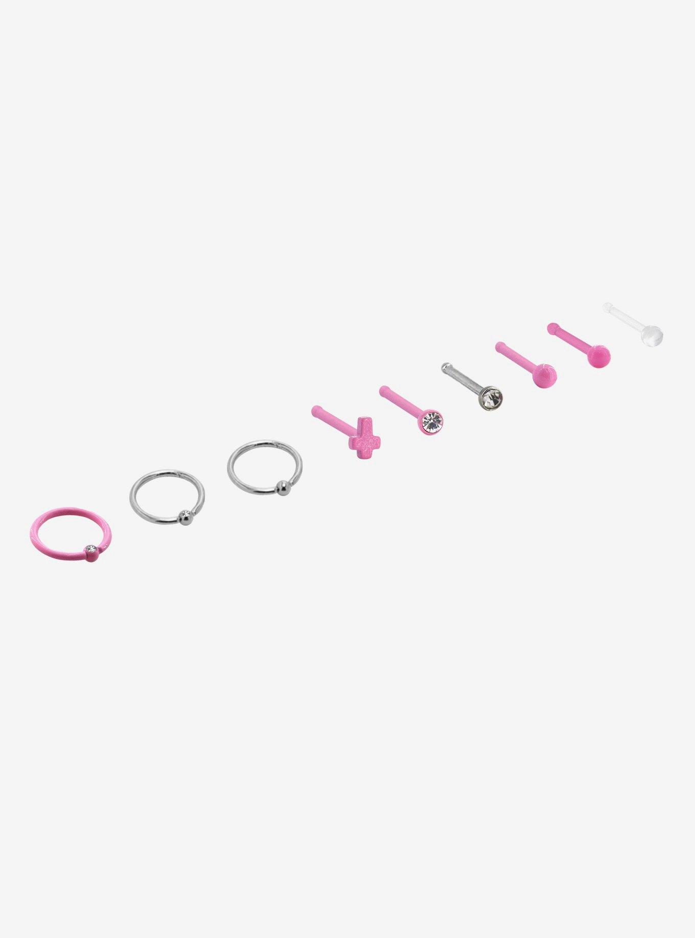 Steel Silver & Pink Nose Stud & Hoop 9 Pack, MULTI, alternate