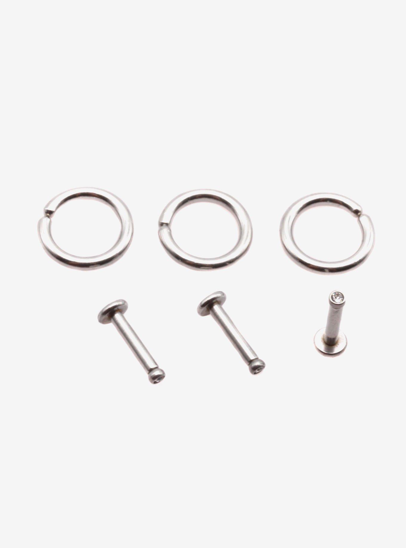 Steel Silver & CZ Labret Stud & Hoop 6 Pack, MULTI, alternate