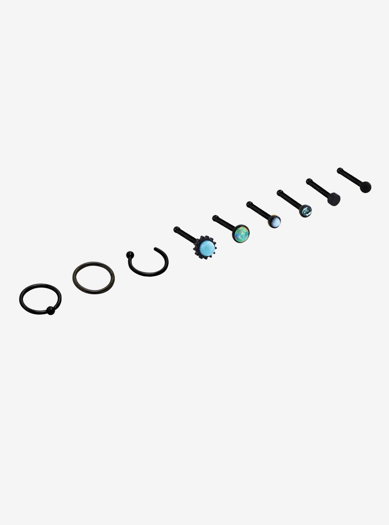 Steel Black & Turquoise Nose Stud & Hoop 9 Pack, MULTI, alternate
