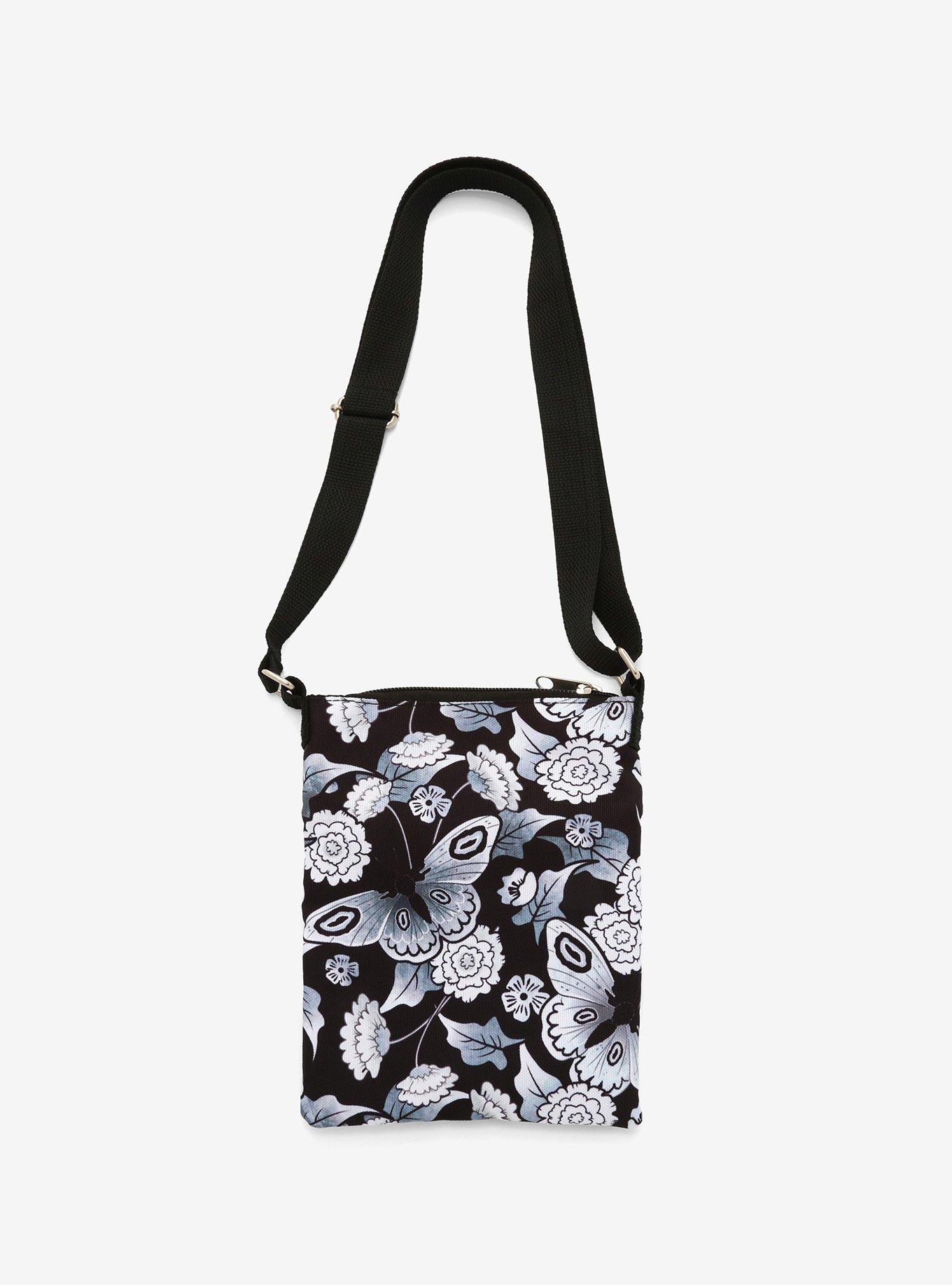 Black & White Butterflies & Flowers Passport Crossbody Bag, , alternate