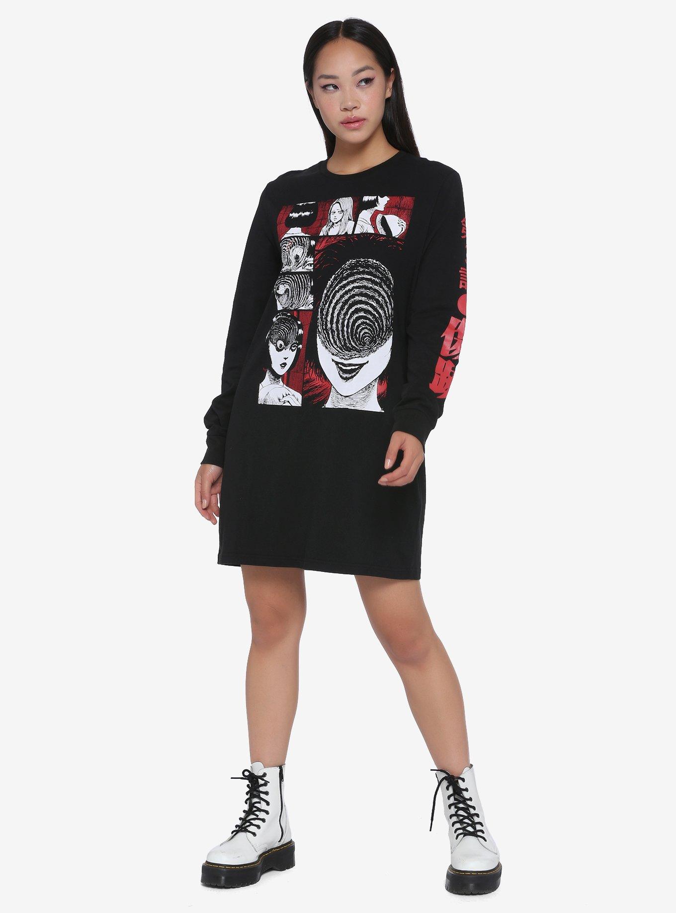 Junji Ito Uzumaki Panel Long-Sleeve T-Shirt Dress, BLACK, alternate