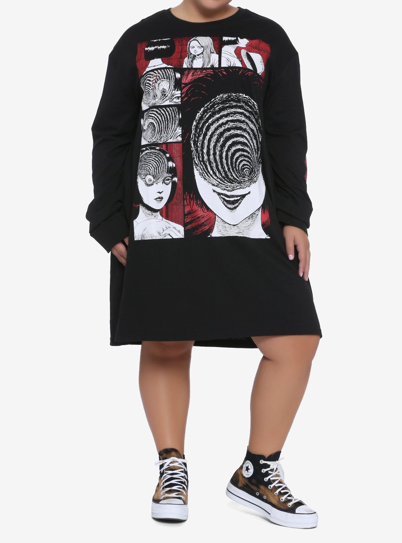 Junji Ito Uzumaki Panel Long-Sleeve T-Shirt Dress Plus Size, BLACK, alternate