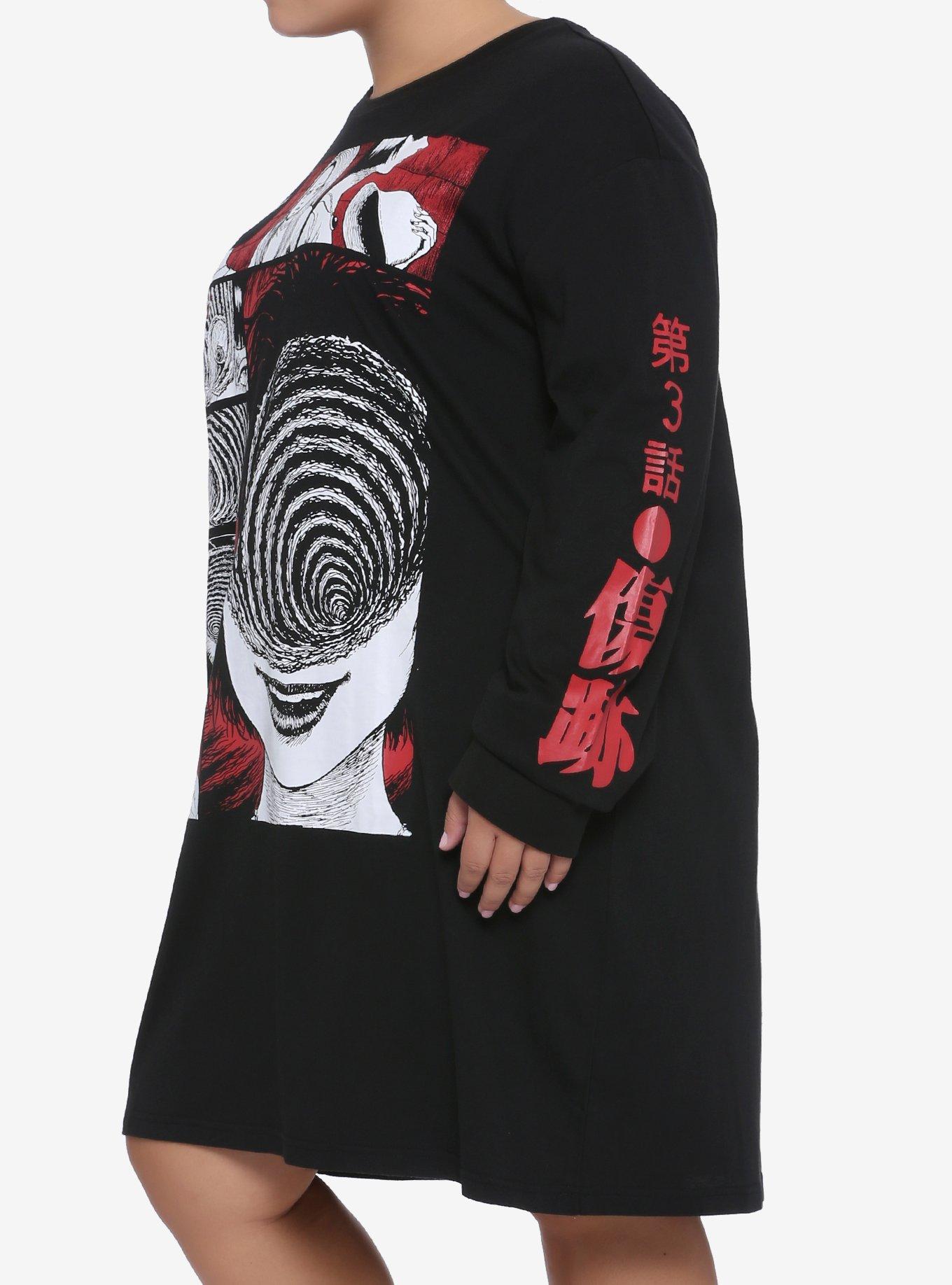 Junji Ito Uzumaki Panel Long-Sleeve T-Shirt Dress Plus Size, BLACK, alternate