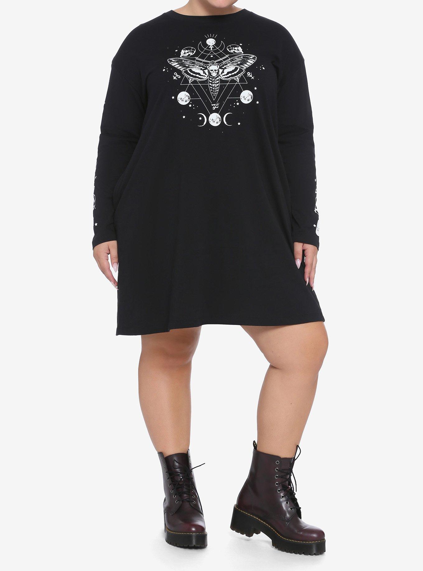 Death's-Head Moth & Skulls Long-Sleeve T-Shirt Dress Plus Size, MULTI, alternate