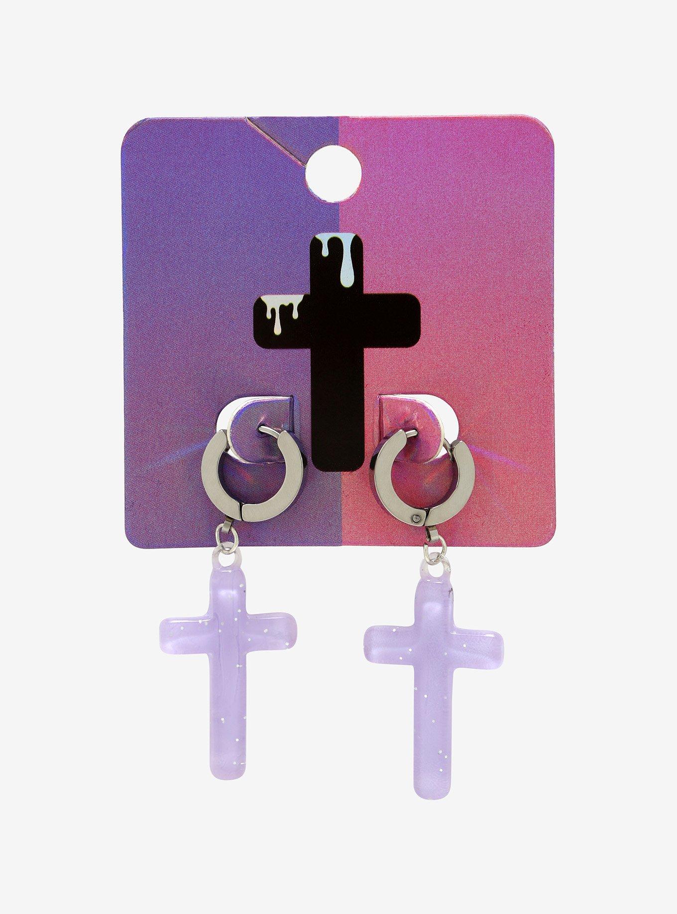 Pastel Purple Cross Mini Hoop Earrings, , alternate