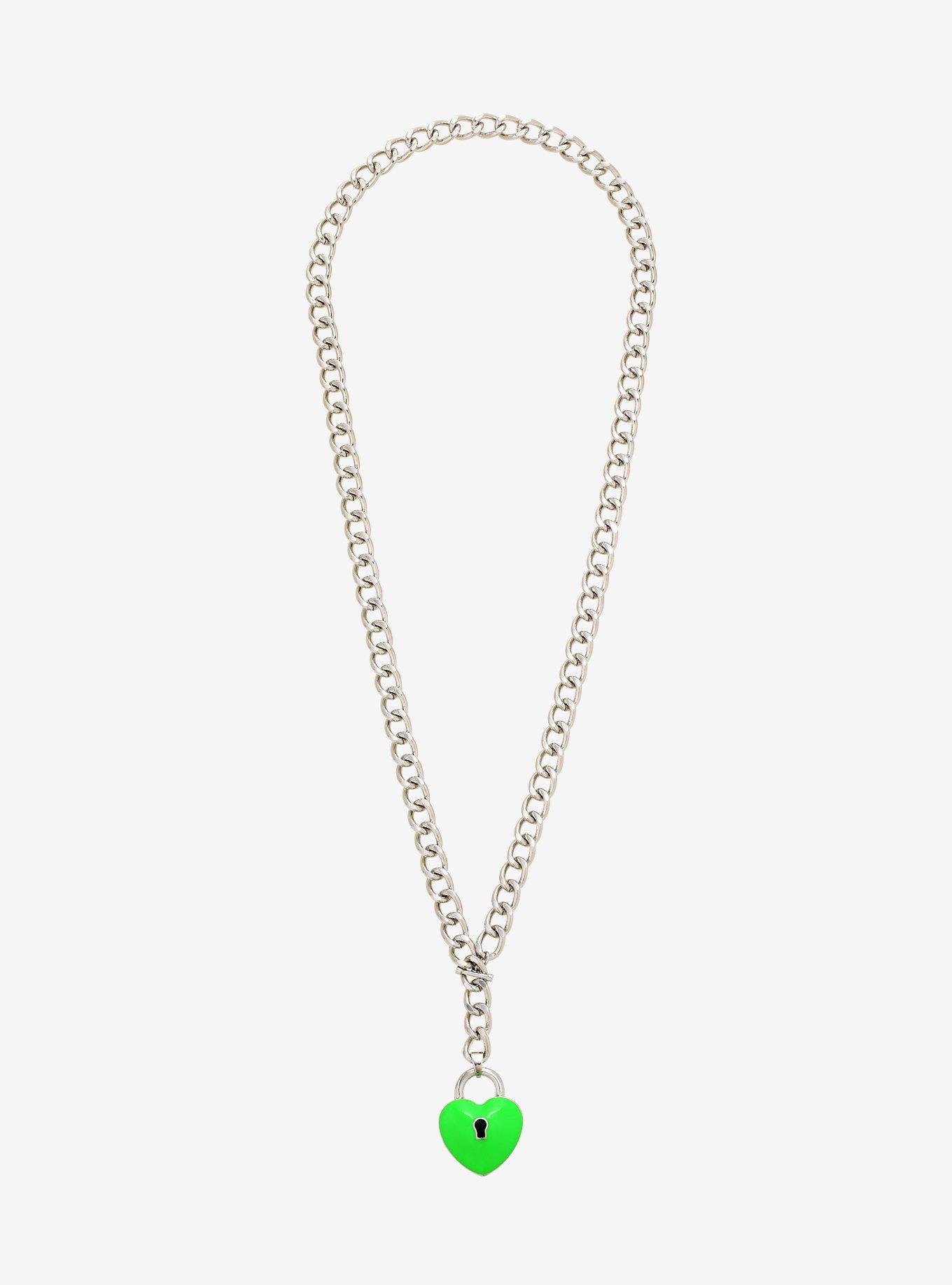 Lime Green Heart Padlock Chain Necklace, , alternate