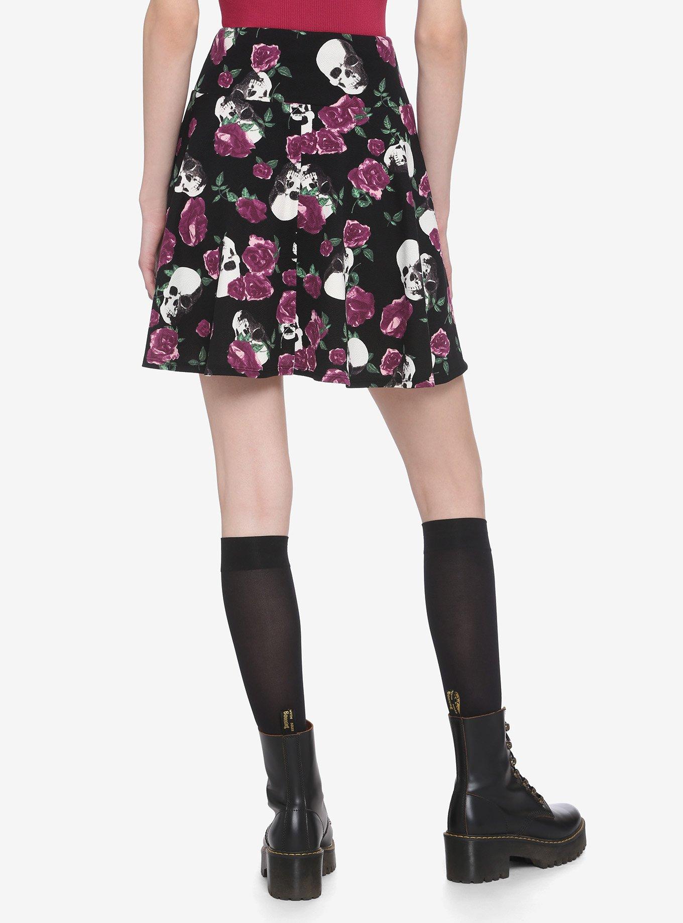 Purple Roses & Skulls Lace-Up Skater Skirt, MULTI, alternate