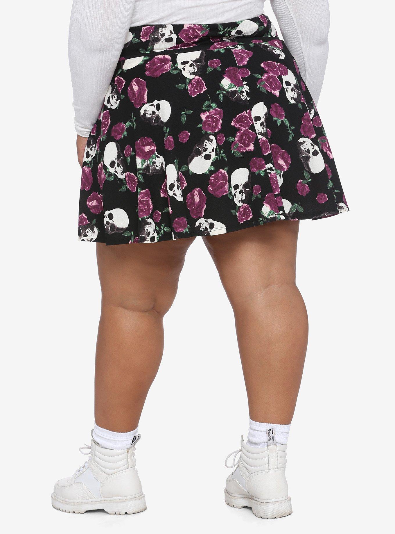 Purple Roses & Skulls Lace-Up Skater Skirt Plus Size, MULTI, alternate