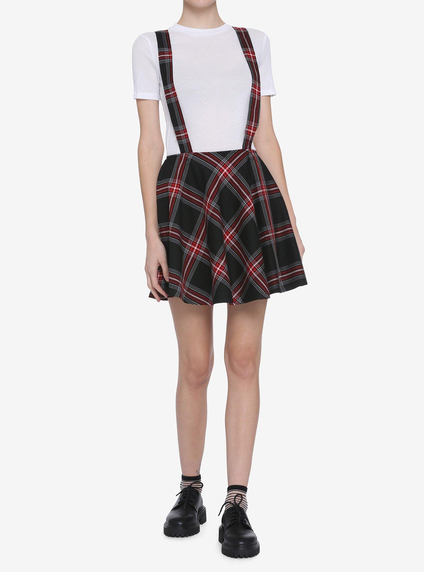 Black & Red Plaid Suspender Skirt, PLAID - RED, alternate