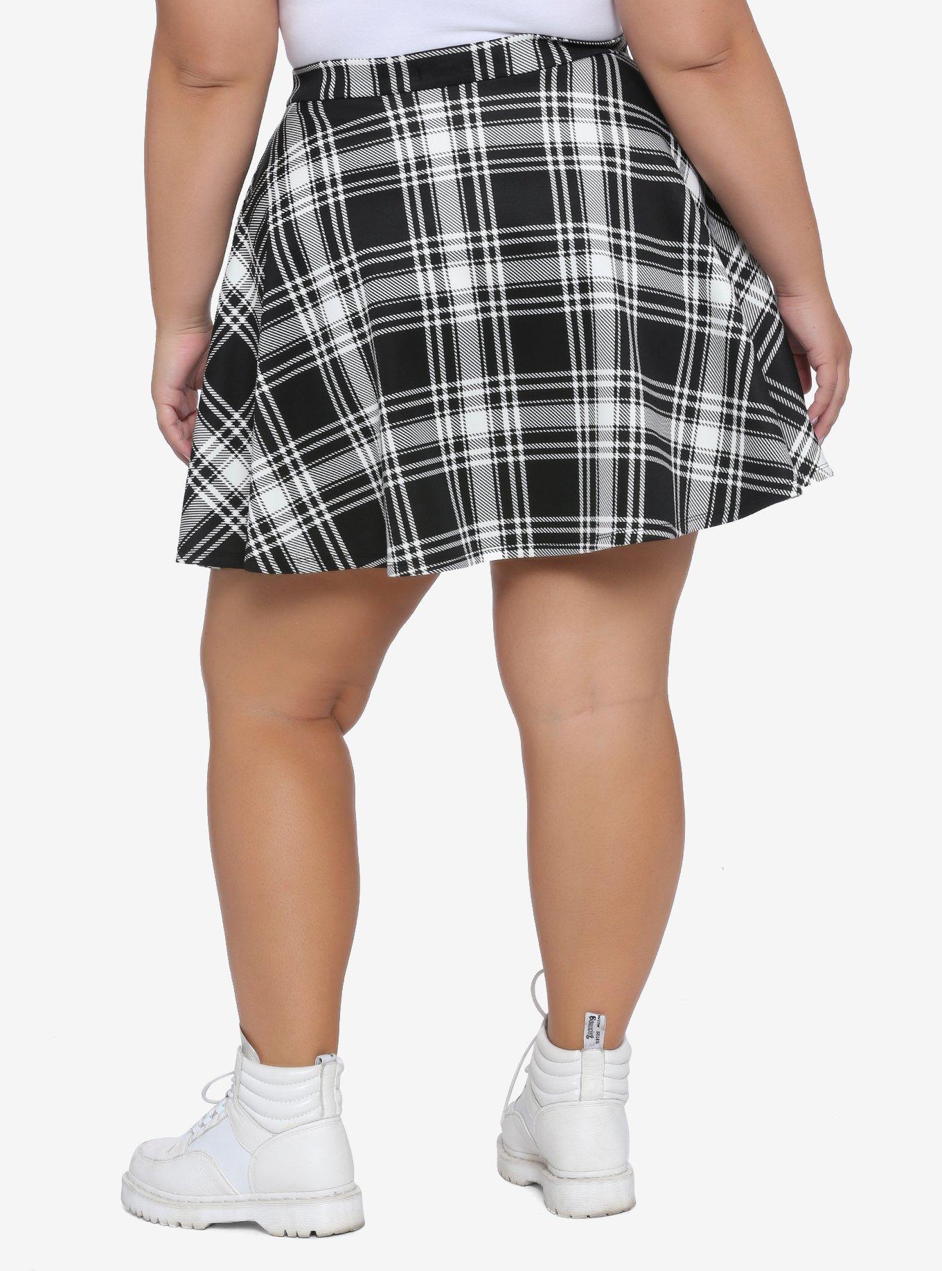 Black & White Plaid O-Ring Skater Skirt Plus Size, PLAID - BLACK, alternate
