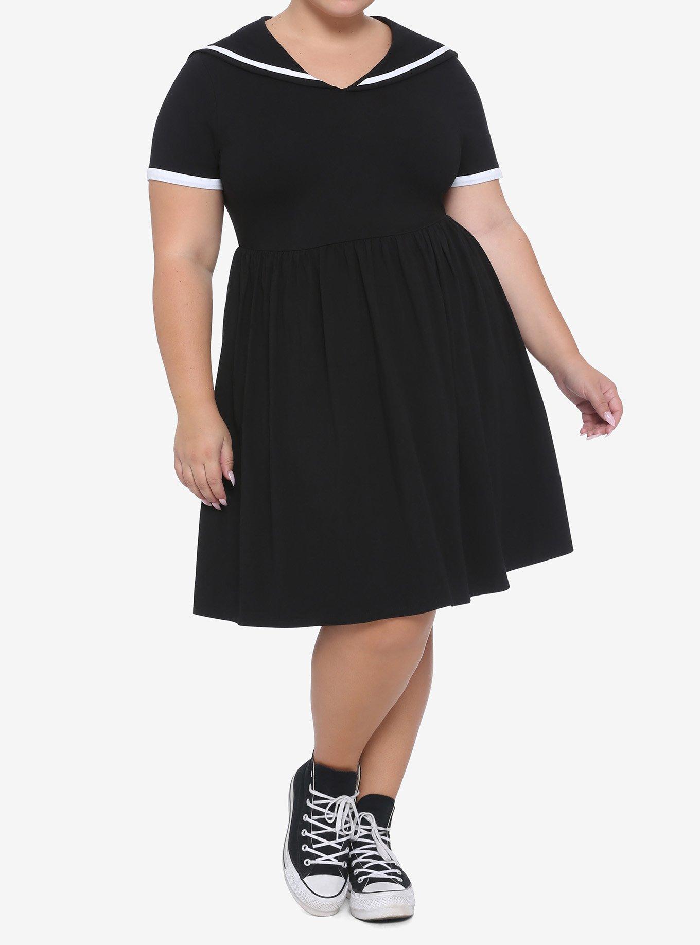 Black & White Sailor Skater Dress Plus Size, BLACK  WHITE, alternate