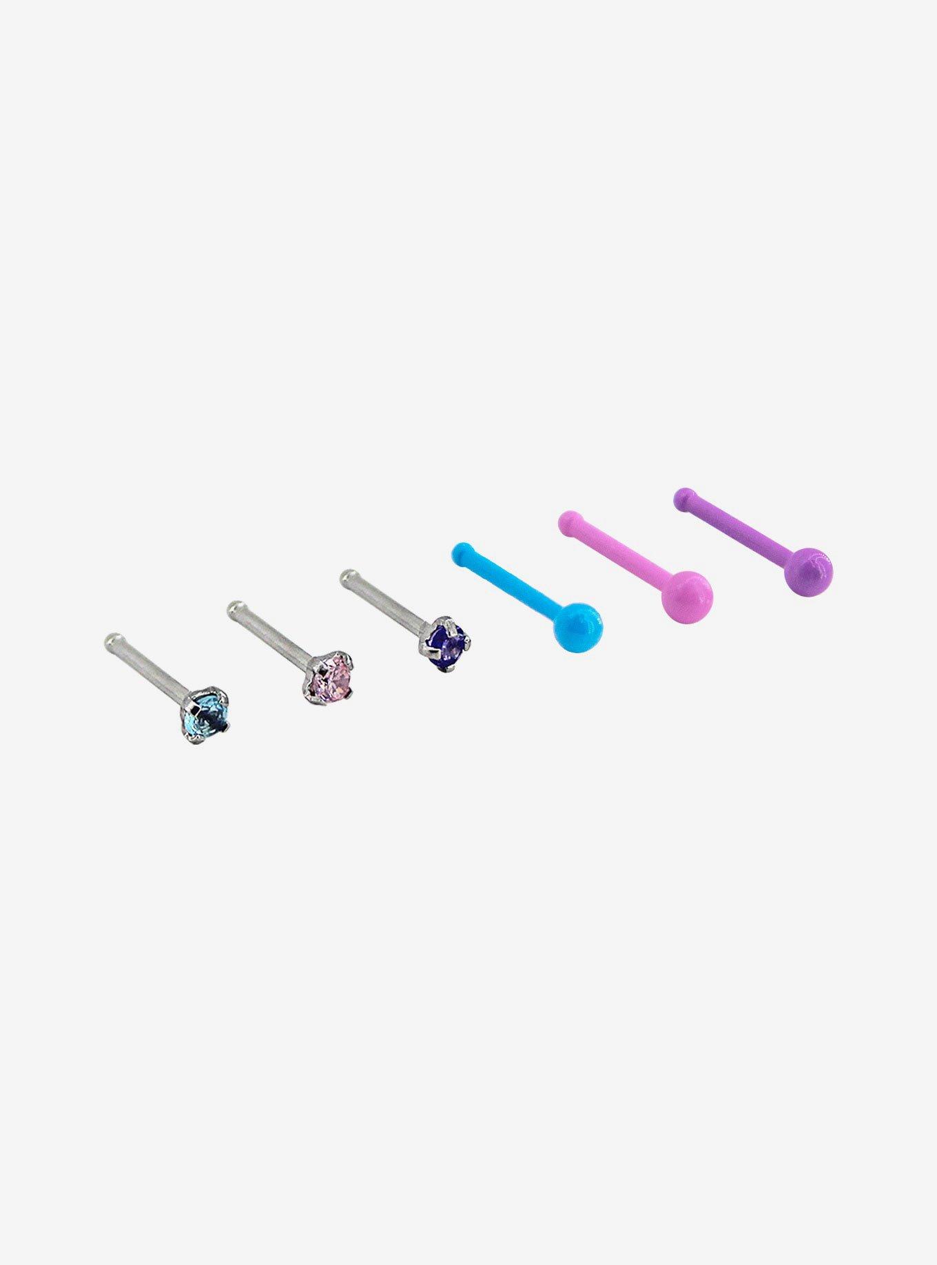 Steel Silver & Pastel Nose Stud 6 Pack, MULTI, alternate