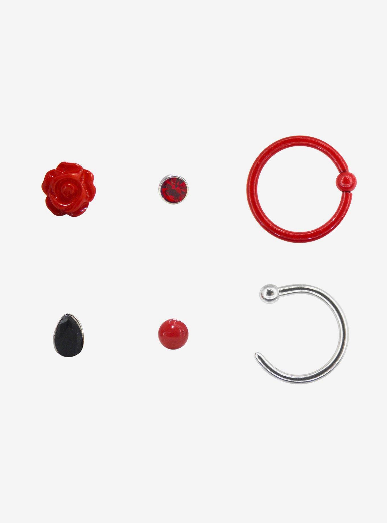Steel Red Rose Nose Stud & Hoop 6 Pack, MULTI, alternate