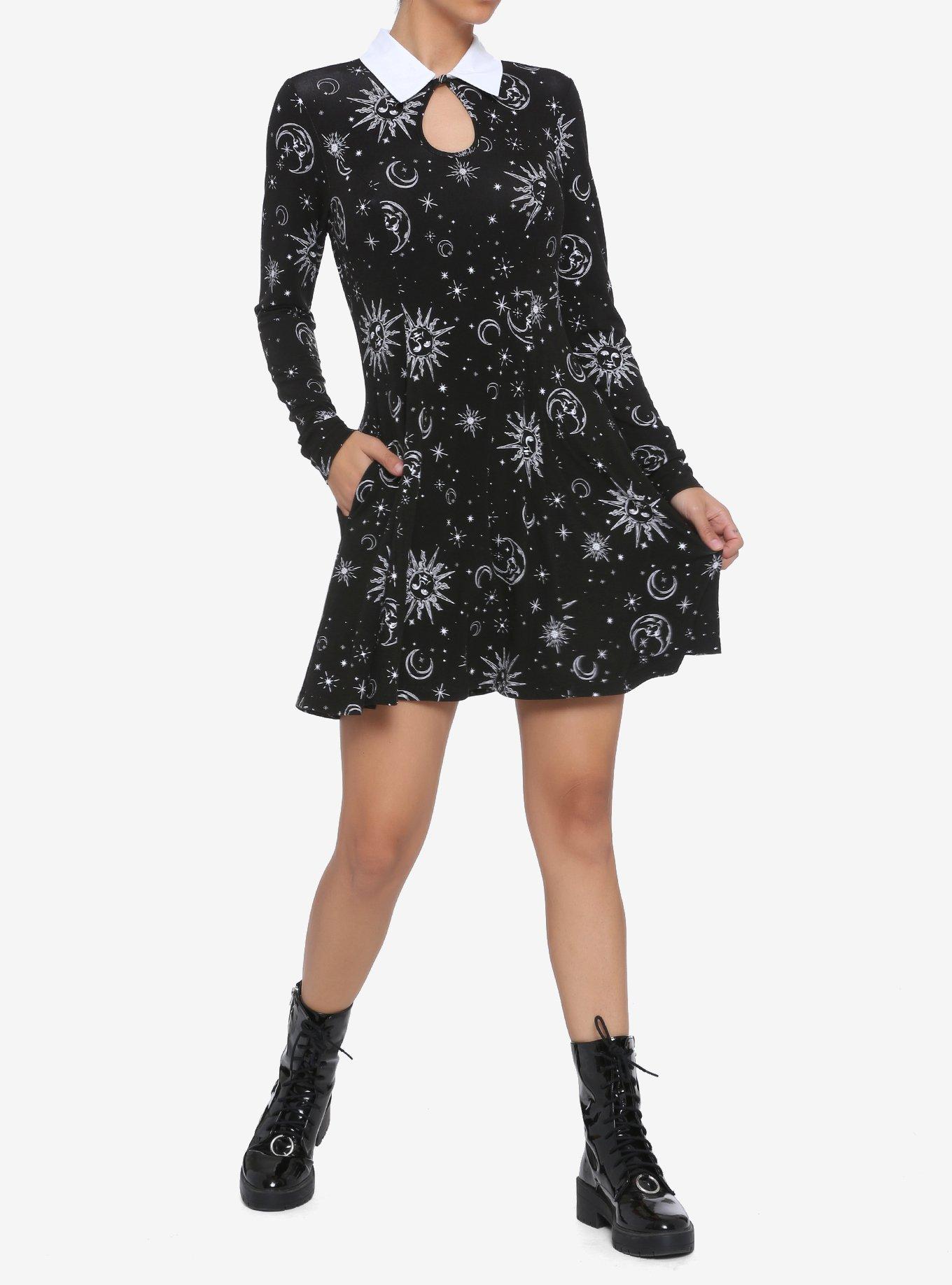 Black & White Celestial Keyhole Long-Sleeve Collared Dress, BLACK  WHITE, alternate