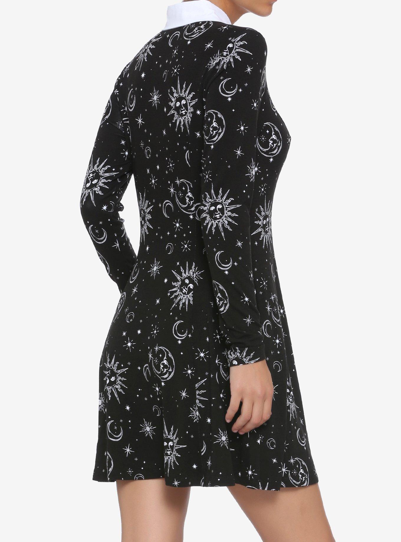 Black & White Celestial Keyhole Long-Sleeve Collared Dress, BLACK  WHITE, alternate