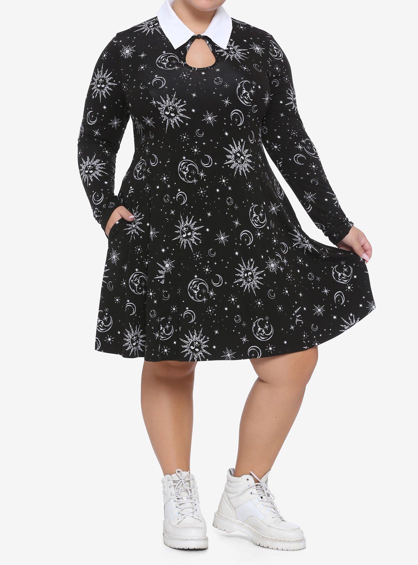 Black & White Celestial Keyhole Long-Sleeve Collared Dress Plus Size, BLACK  WHITE, alternate
