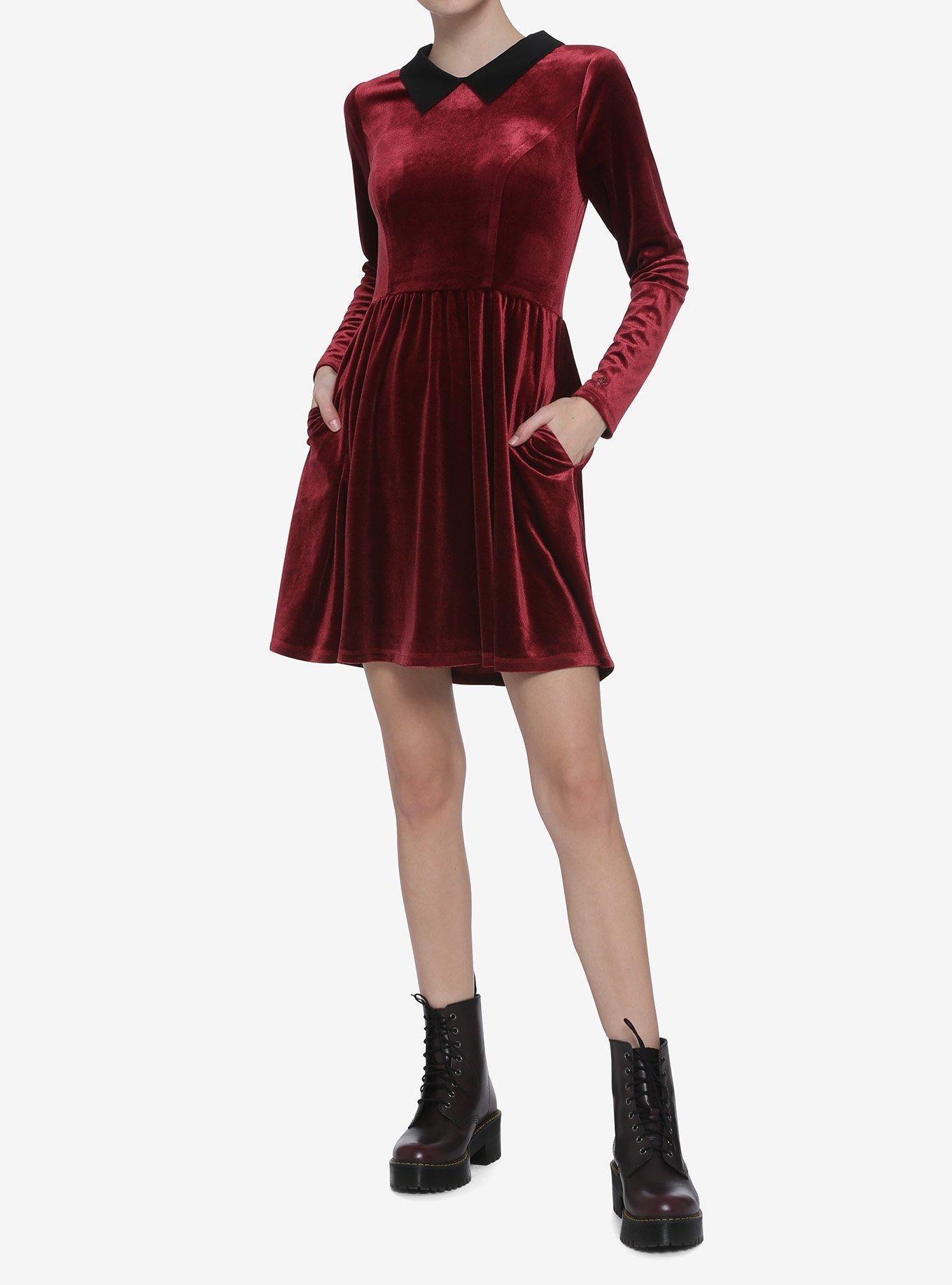 Red Velvet Long-Sleeve Dress, BURGUNDY  BLACK, alternate