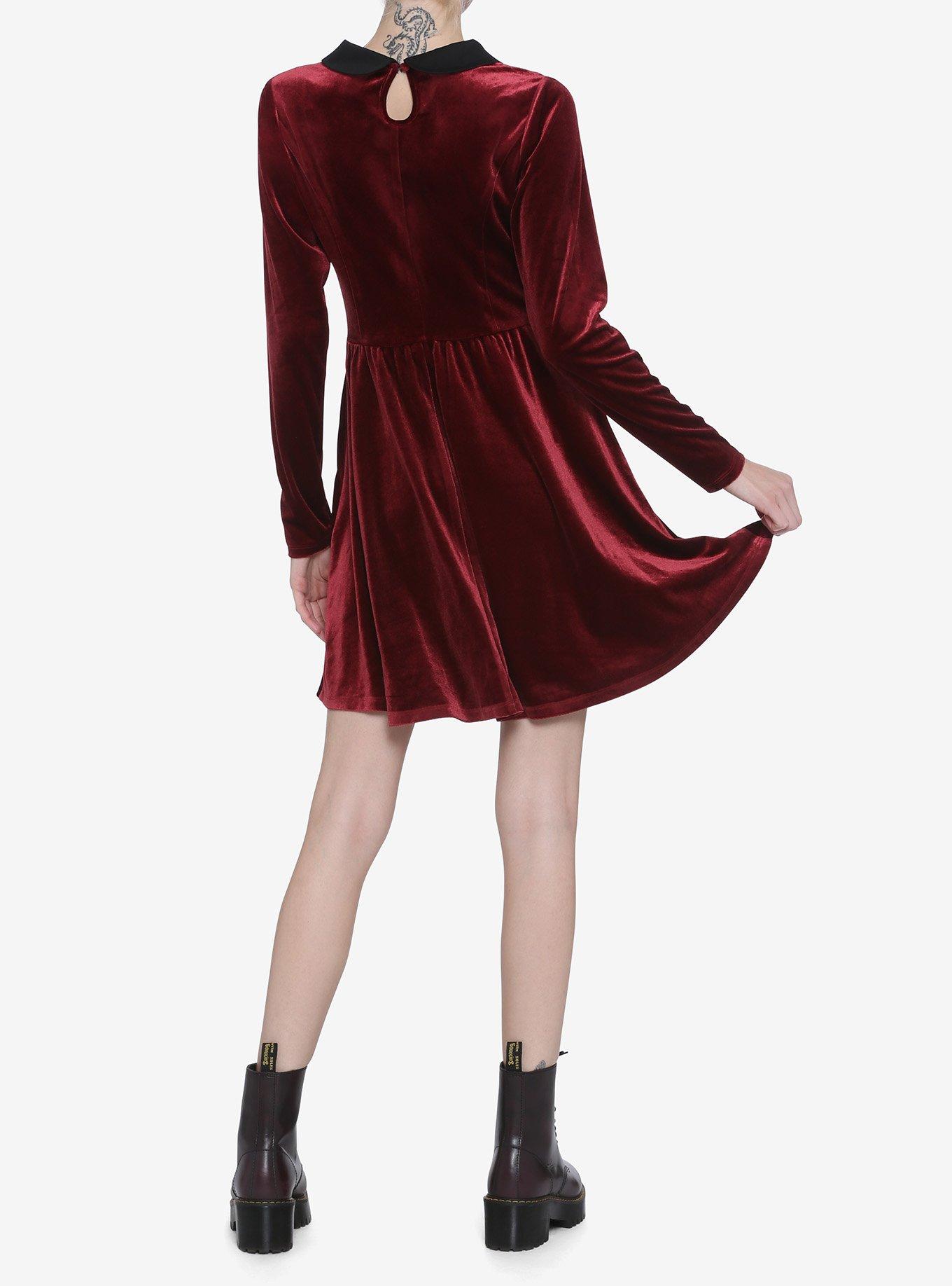 Red Velvet Long-Sleeve Dress, BURGUNDY  BLACK, alternate