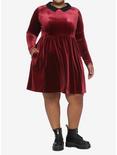Red Velvet Long-Sleeve Dress Plus Size, BURGUNDY  BLACK, alternate