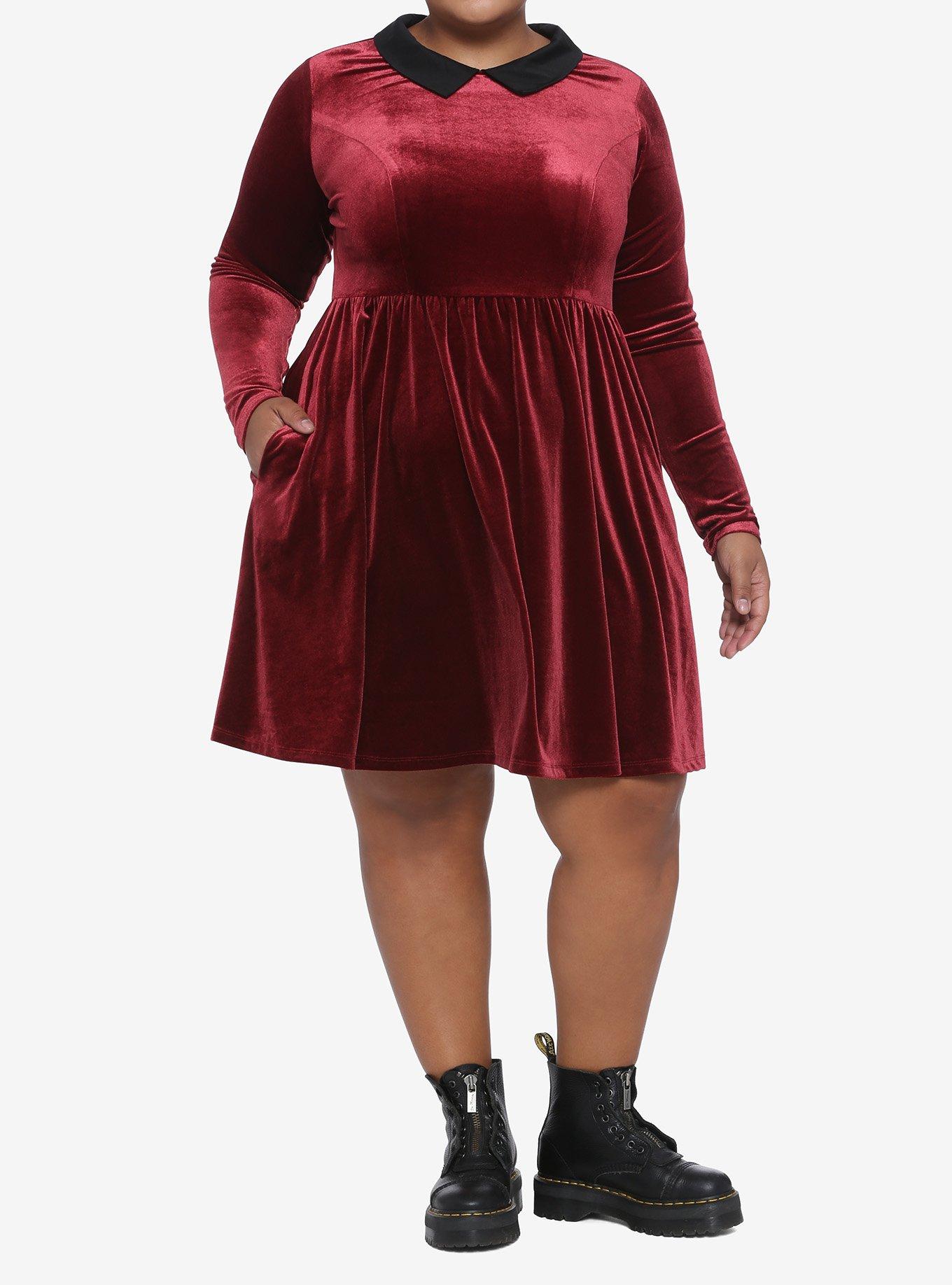 Red Velvet Long-Sleeve Dress Plus Size, BURGUNDY  BLACK, alternate
