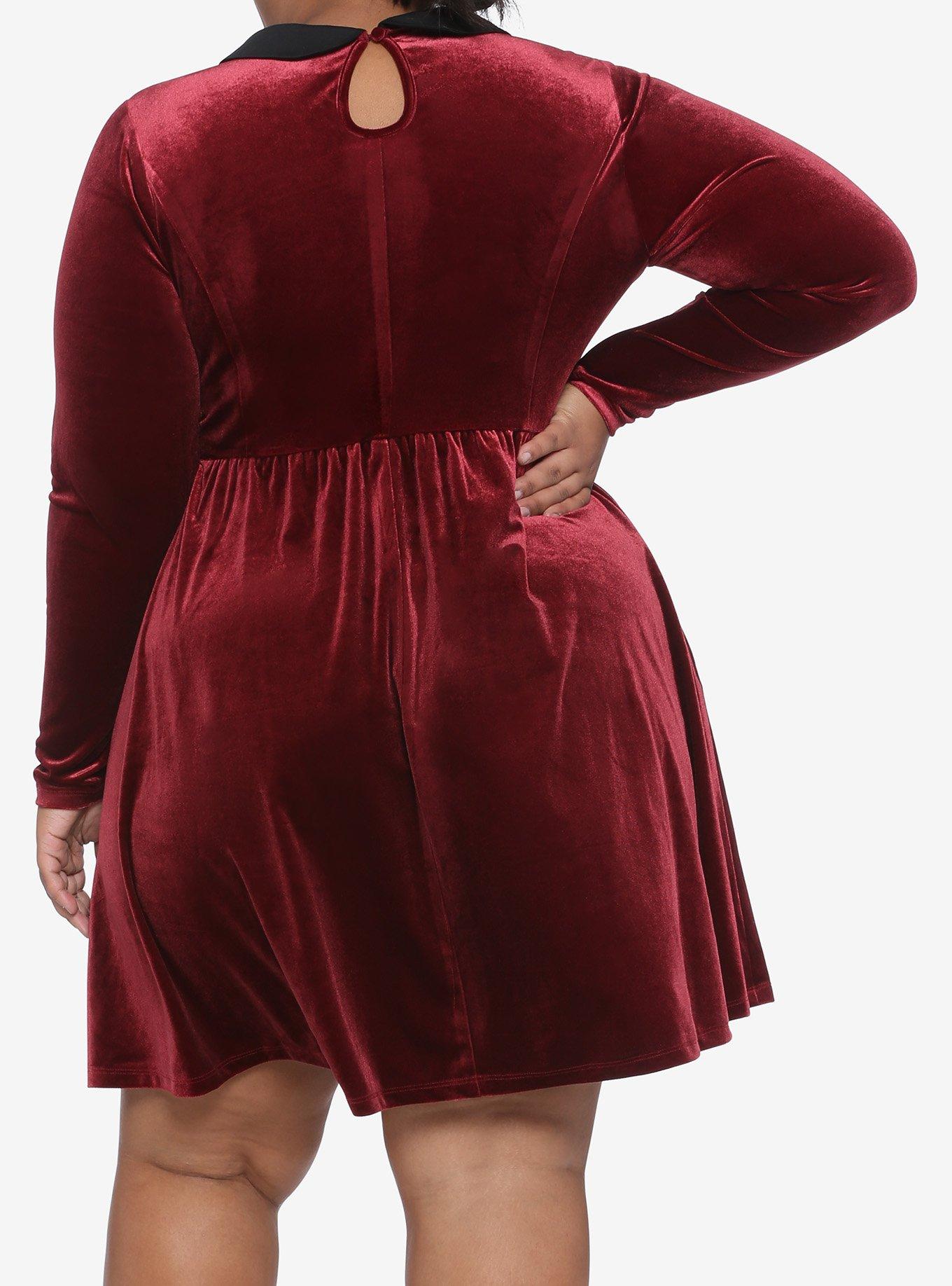 Red Velvet Long-Sleeve Dress Plus Size, BURGUNDY  BLACK, alternate