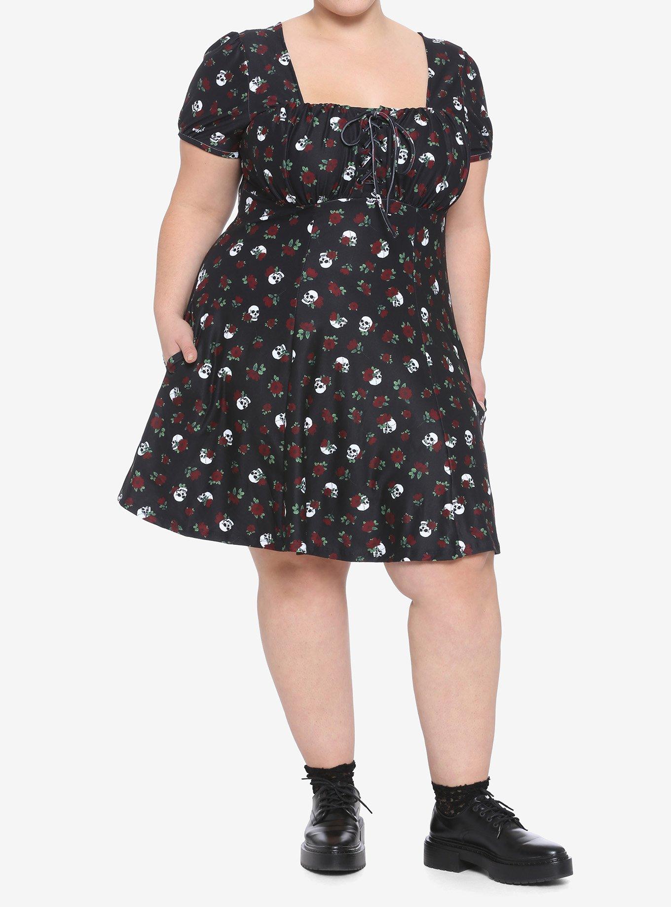 Skulls & Roses Dress Plus Size, BLACK  RED, alternate