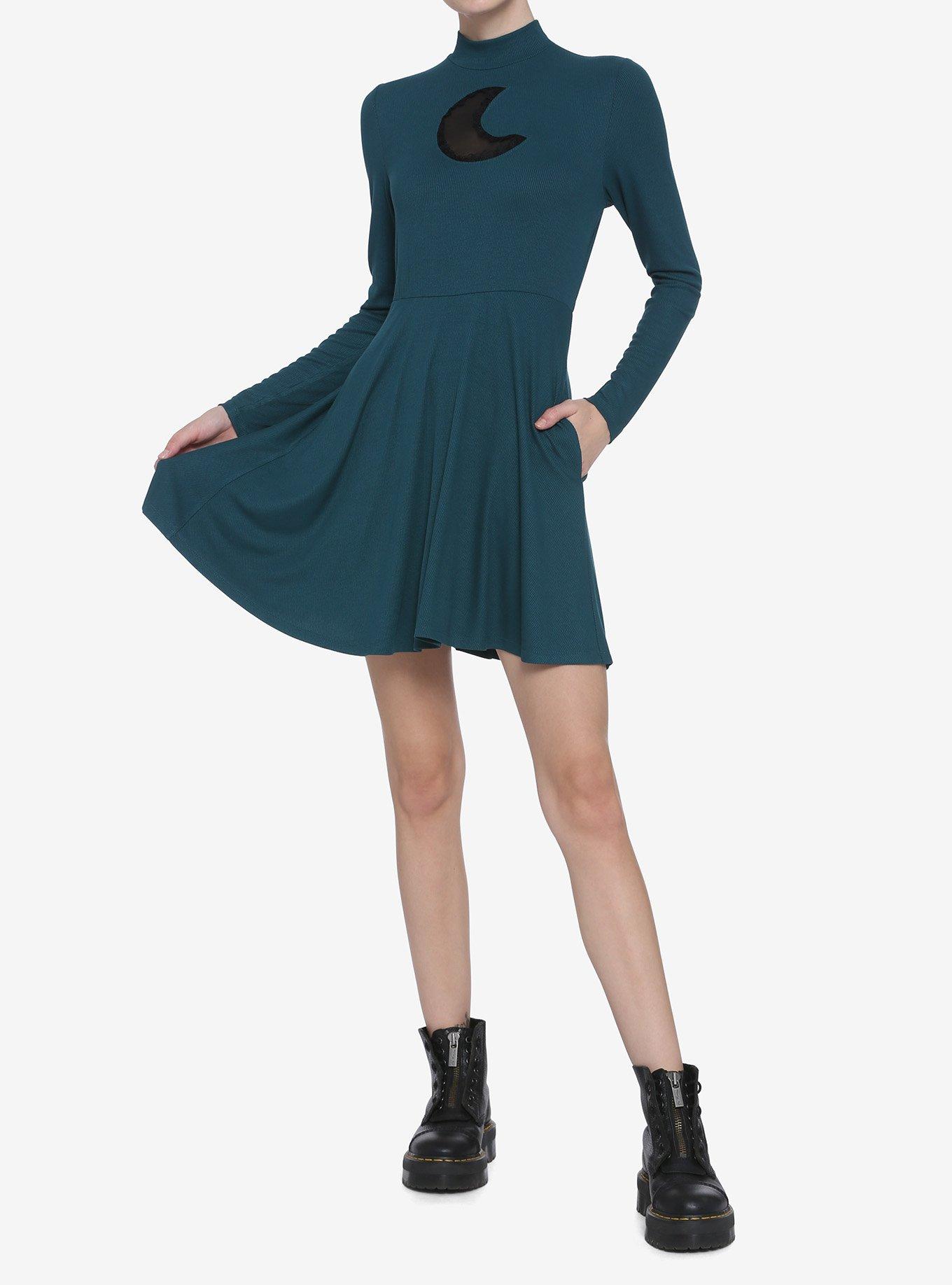 Teal Moon Cutout Mock Neck Long-Sleeve Dress, , alternate