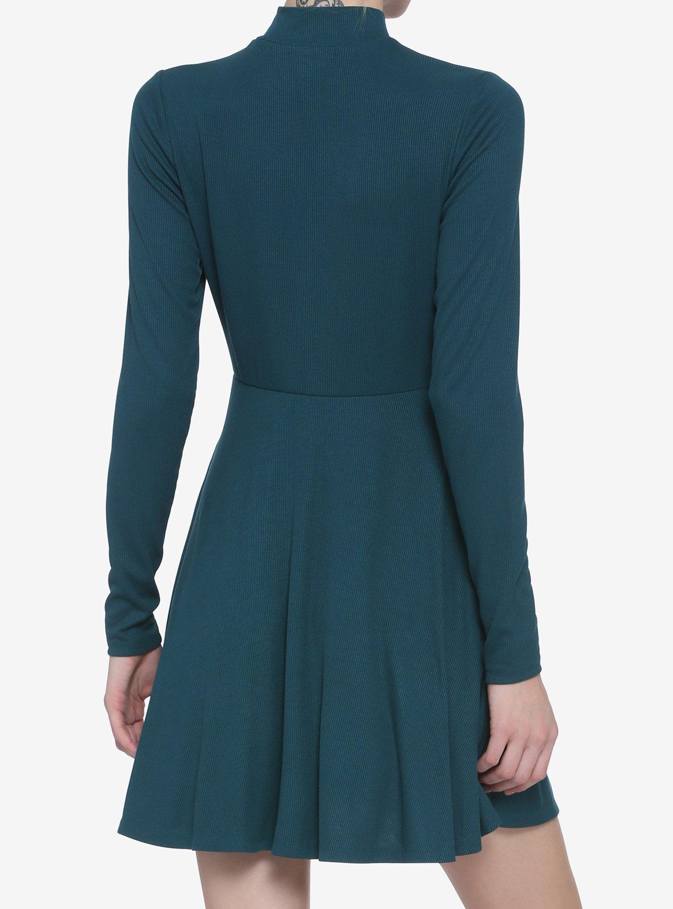 Teal Moon Cutout Mock Neck Long-Sleeve Dress, , alternate