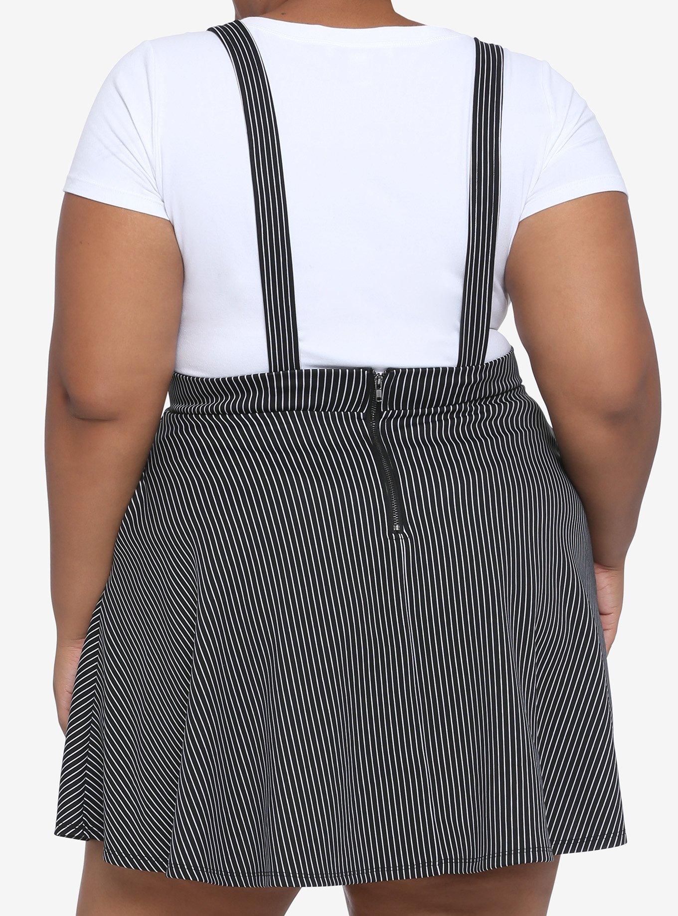 Black & White Pinstripe Suspender Skirt Plus Size, BLACK  WHITE, alternate