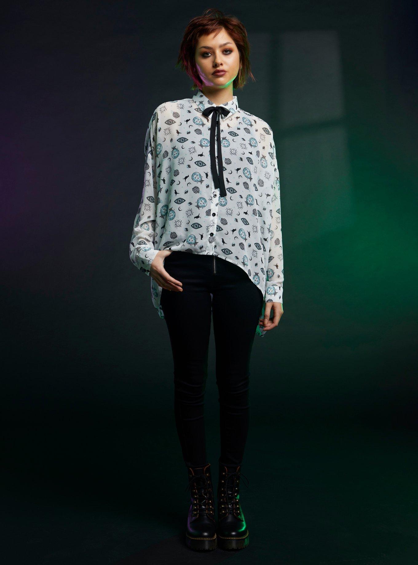 Her Universe Disney The Haunted Mansion Madame Leota Bow Tie Hi-Low Girls Woven Button-Up, BLACK, alternate