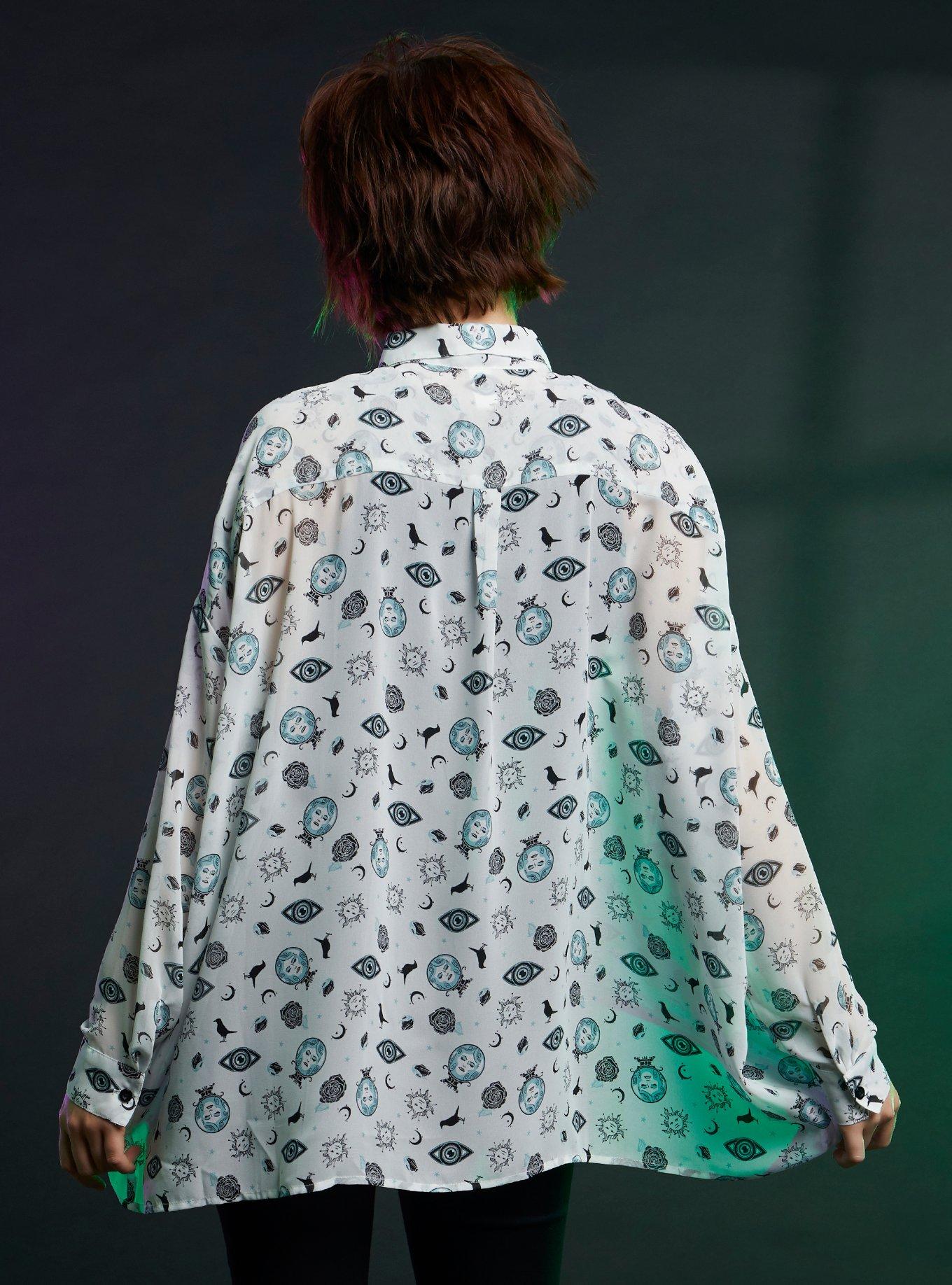 Her Universe Disney The Haunted Mansion Madame Leota Bow Tie Hi-Low Girls Woven Button-Up, BLACK, alternate